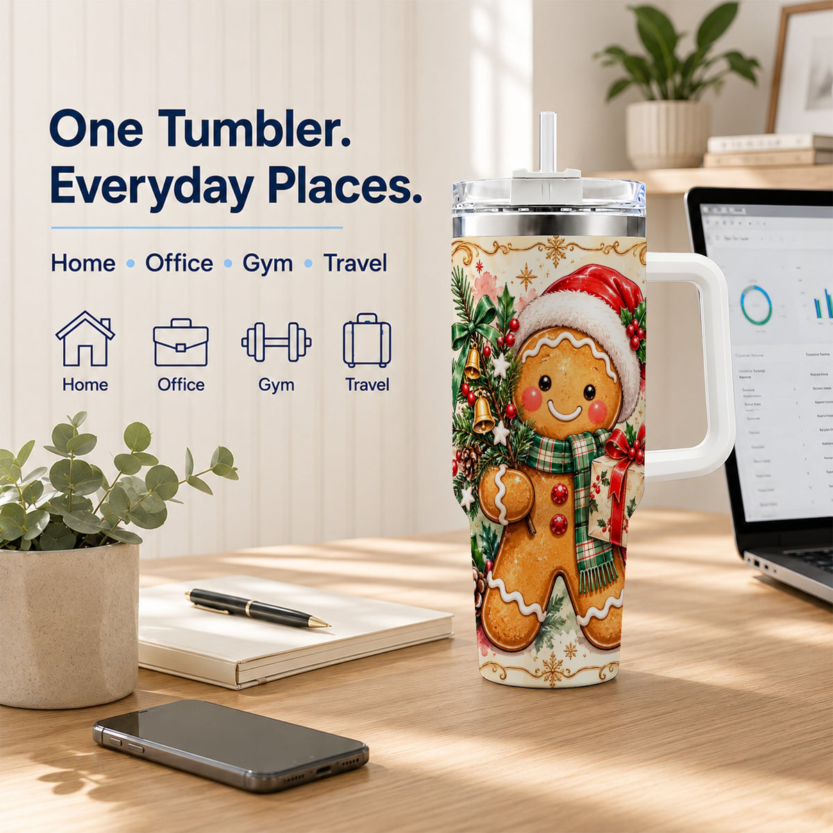 Tree 40oz Tumbler, Gingerbread Tumbler, Stainless Steel Travel Cup