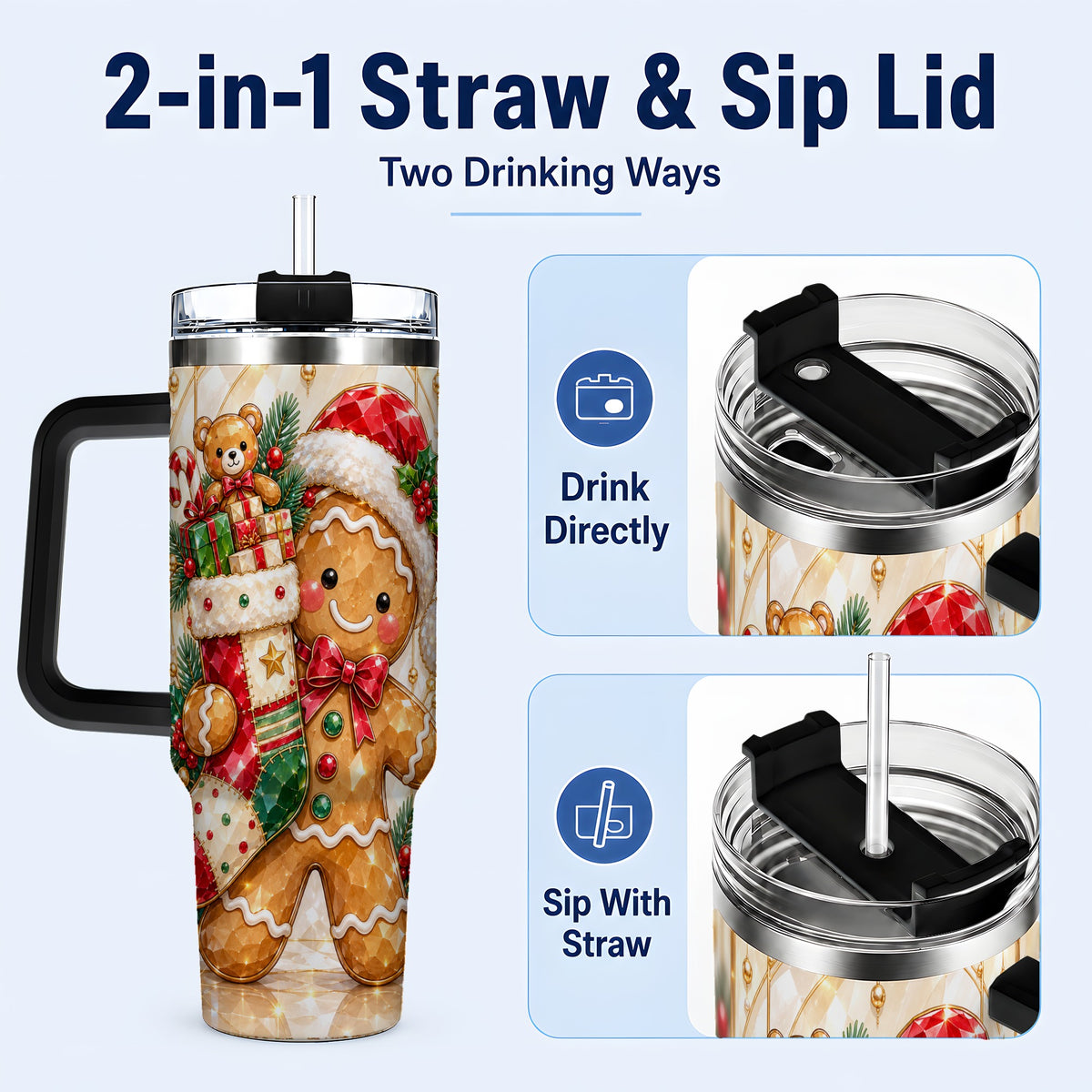 #pl[40oz|Black] Stocking 40oz Tumbler, Gingerbread Tumbler, Stainless Steel Travel Cup