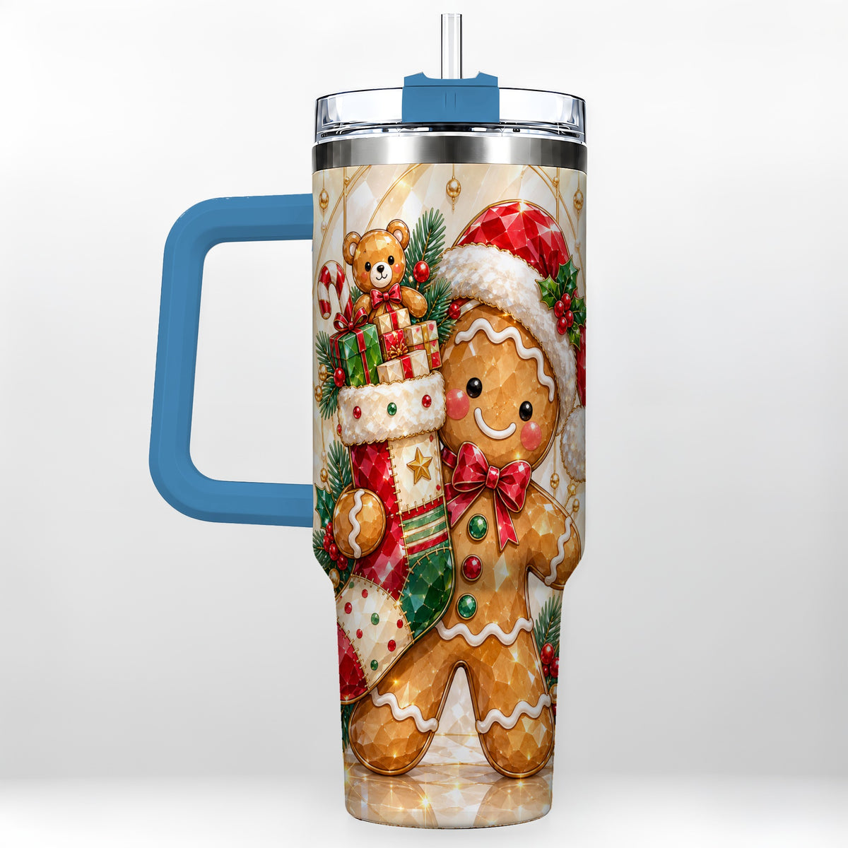 #pl[40oz|Blue] Stocking 40oz Tumbler, Gingerbread Tumbler, Stainless Steel Travel Cup