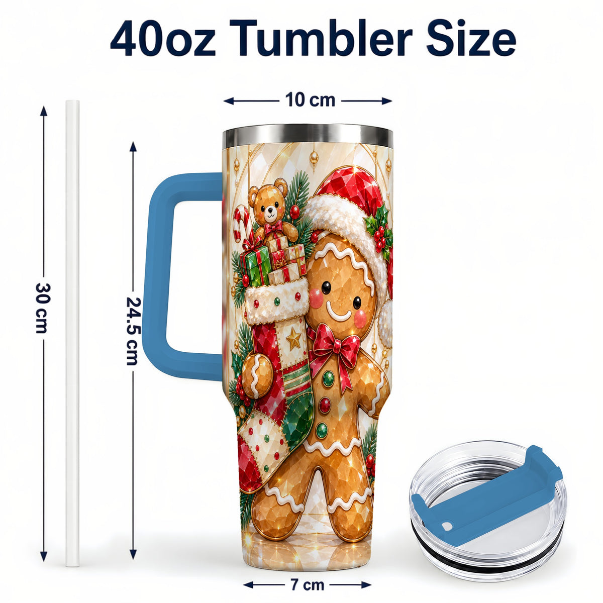 #pl[40oz|Blue] Stocking 40oz Tumbler, Gingerbread Tumbler, Stainless Steel Travel Cup