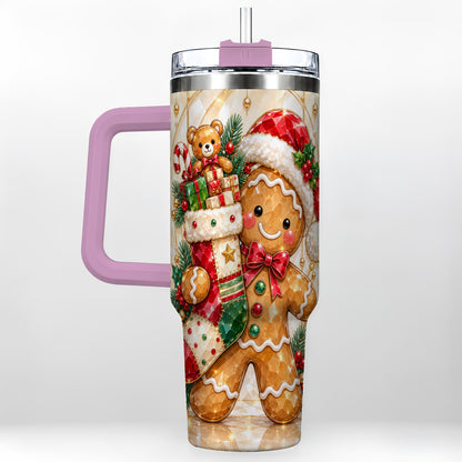 #pl[40oz|Pink] Stocking 40oz Tumbler, Gingerbread Tumbler, Stainless Steel Travel Cup