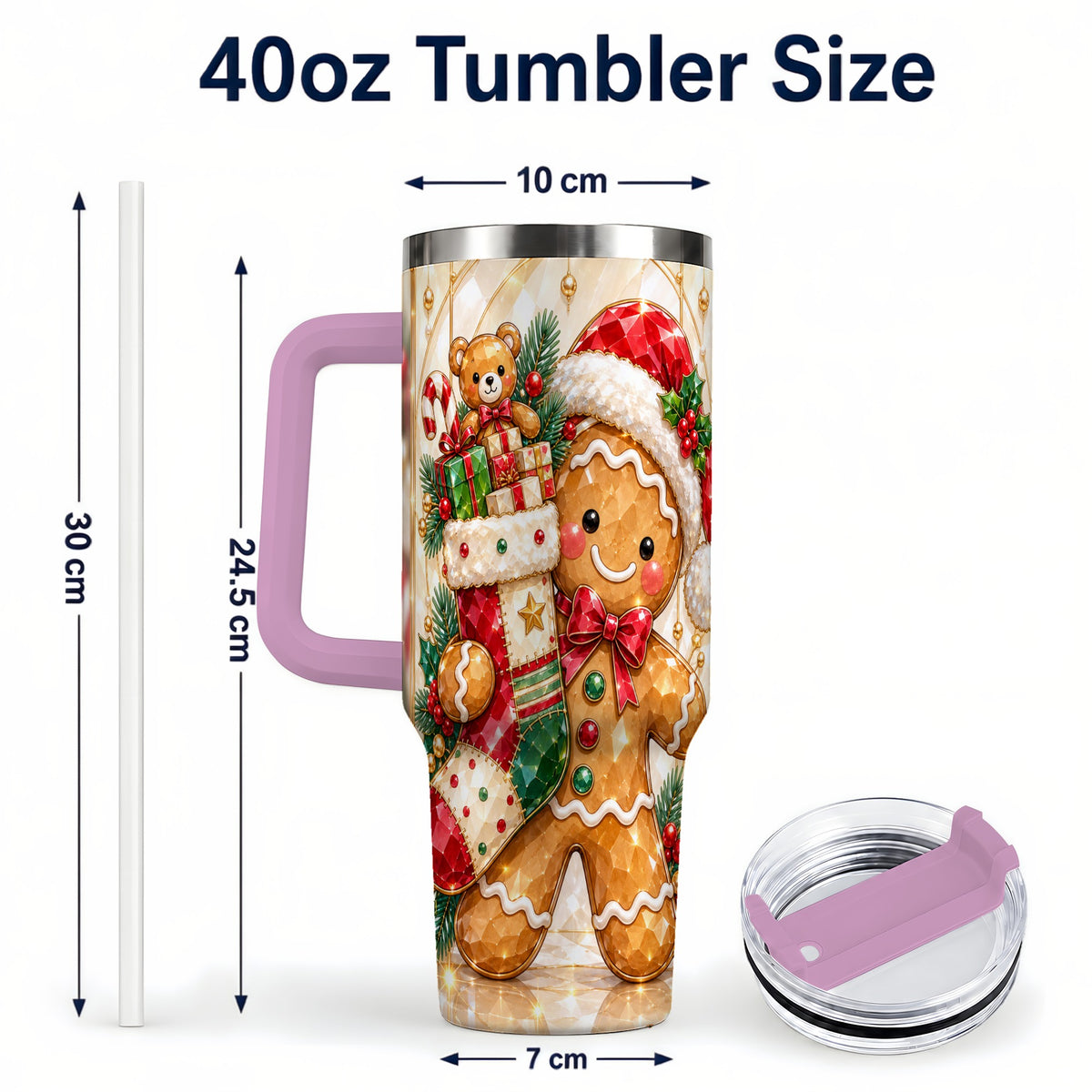 #pl[40oz|Pink] Stocking 40oz Tumbler, Gingerbread Tumbler, Stainless Steel Travel Cup