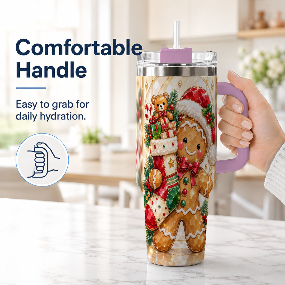 #pl[40oz|Pink] Stocking 40oz Tumbler, Gingerbread Tumbler, Stainless Steel Travel Cup