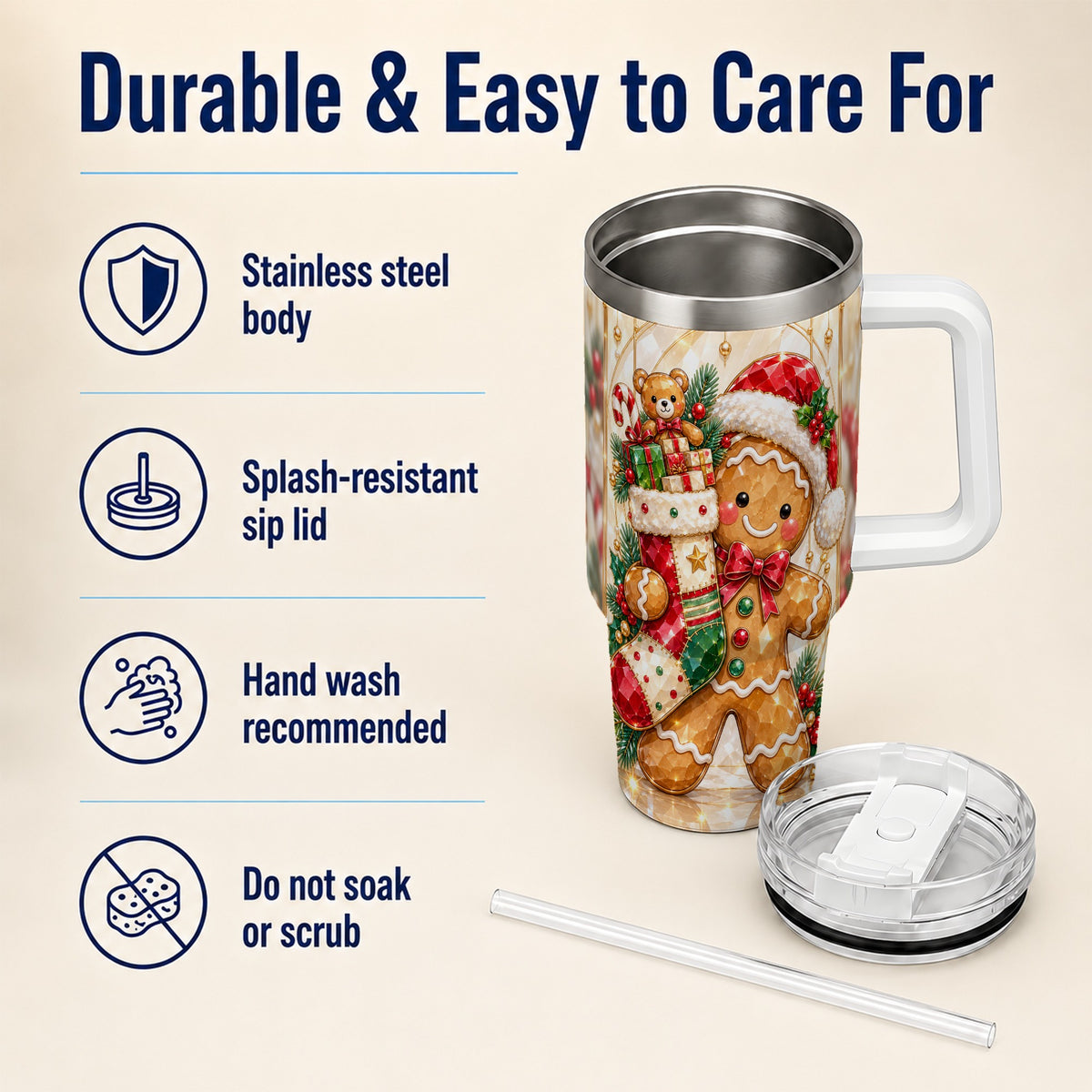 Stocking 40oz Tumbler, Gingerbread Tumbler, Stainless Steel Travel Cup