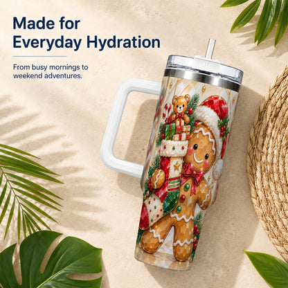 Stocking 40oz Tumbler, Gingerbread Tumbler, Stainless Steel Travel Cup