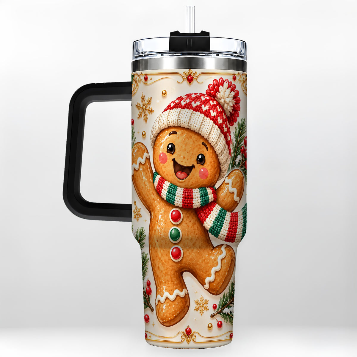 #pl[40oz|Black] Cheerful 40oz Tumbler, Gingerbread Tumbler, Stainless Steel Travel Cup