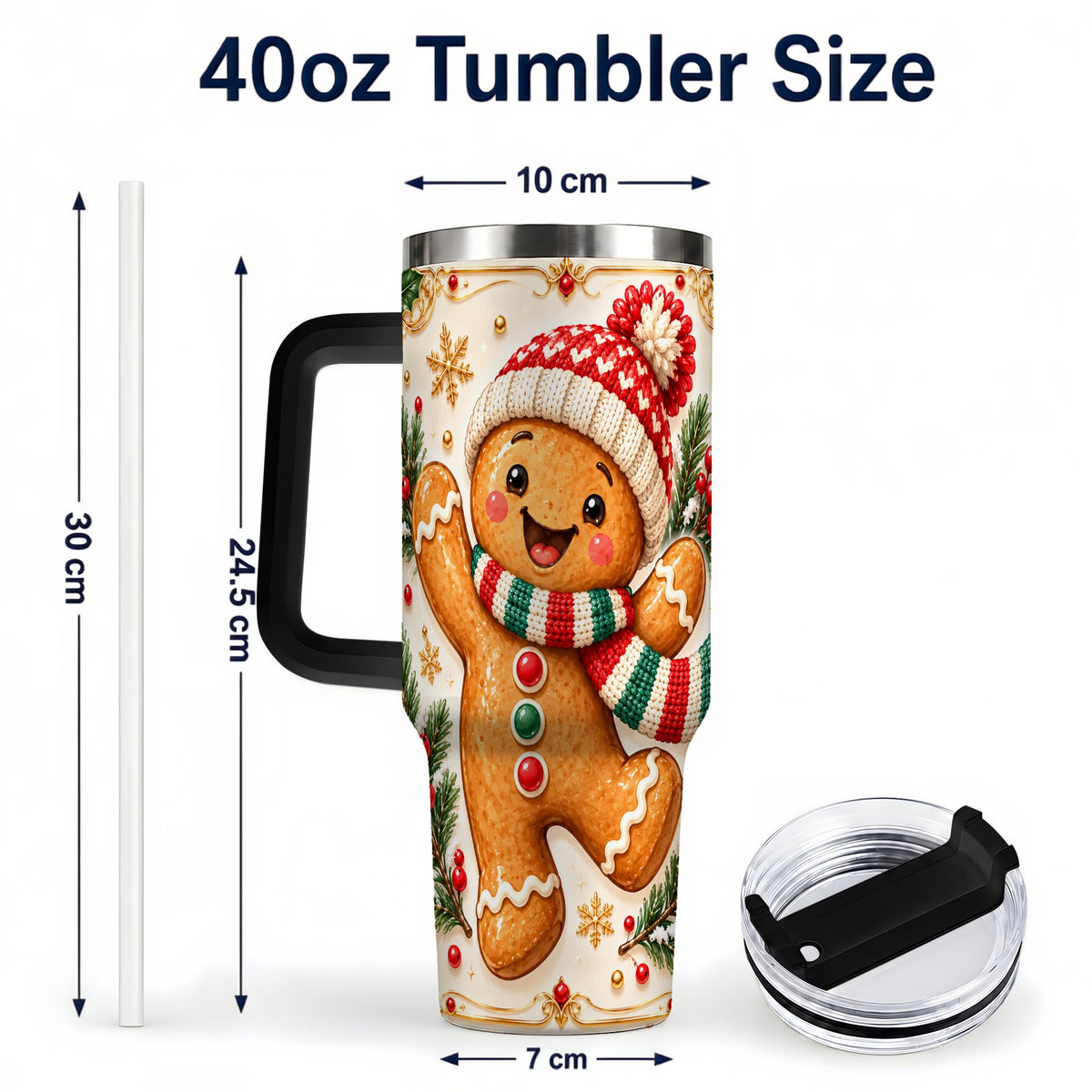 #pl[40oz|Black] Cheerful 40oz Tumbler, Gingerbread Tumbler, Stainless Steel Travel Cup