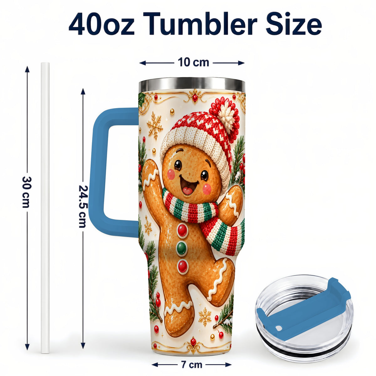 #pl[40oz|Blue] Cheerful 40oz Tumbler, Gingerbread Tumbler, Stainless Steel Travel Cup