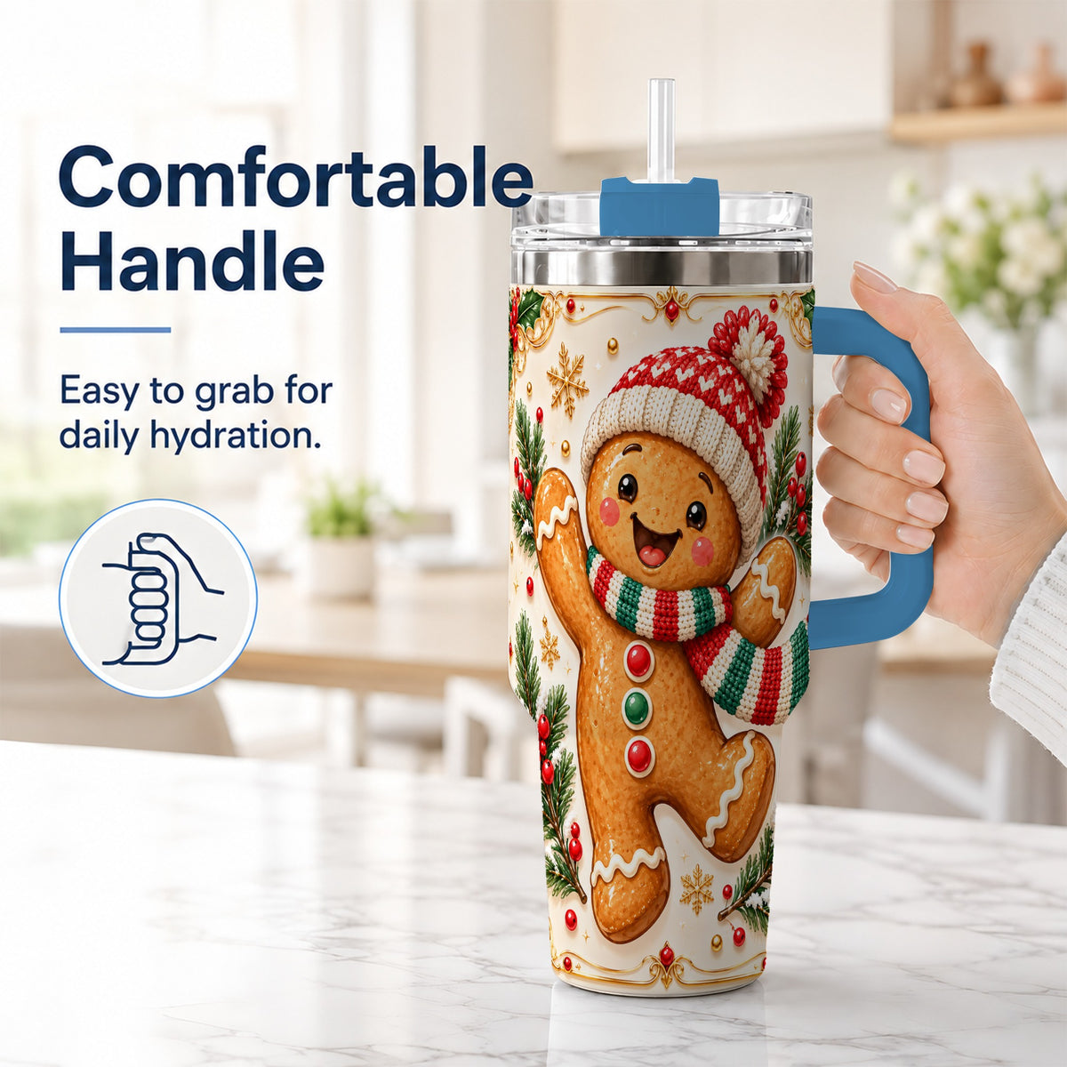 #pl[40oz|Blue] Cheerful 40oz Tumbler, Gingerbread Tumbler, Stainless Steel Travel Cup