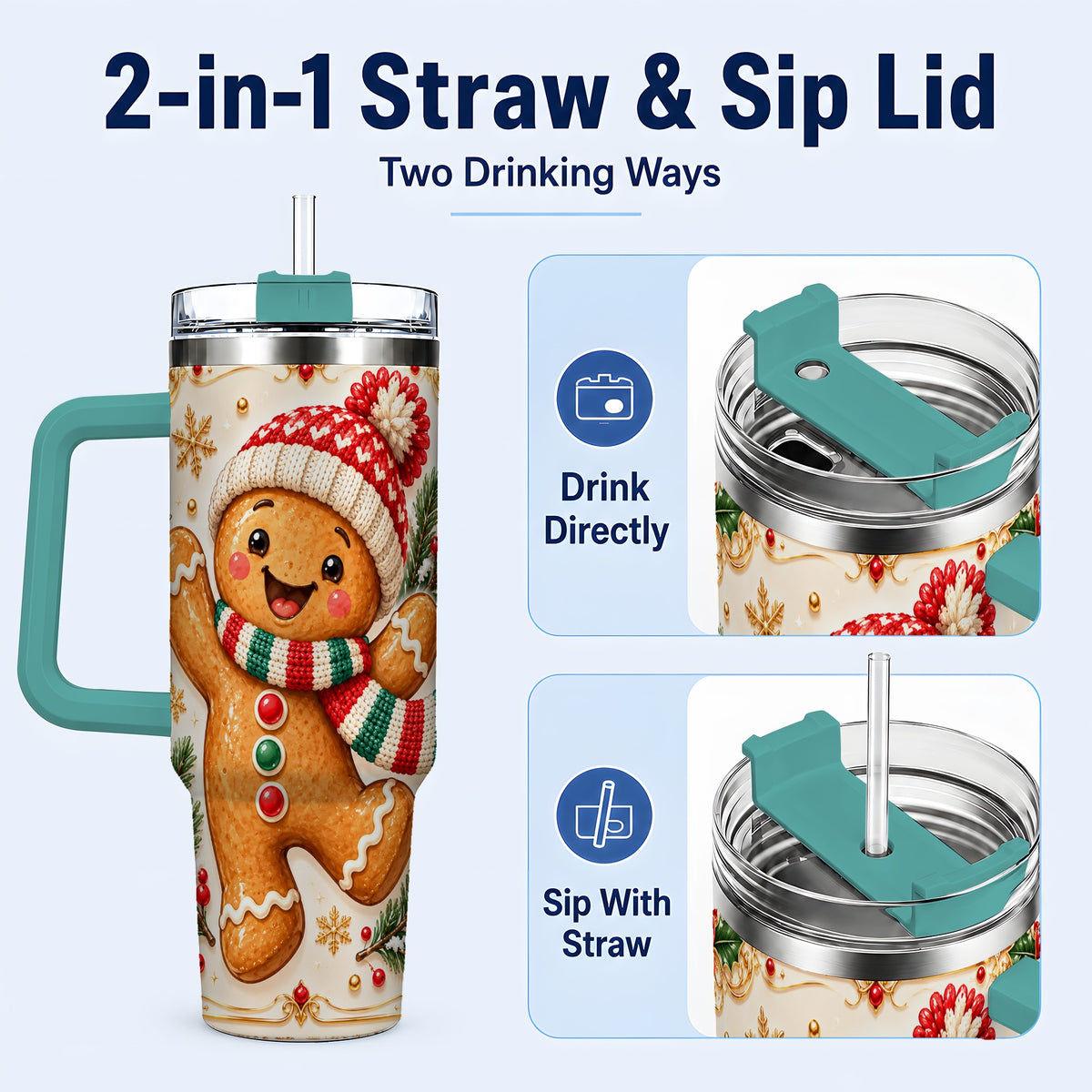 #pl[40oz|Green] Cheerful 40oz Tumbler, Gingerbread Tumbler, Stainless Steel Travel Cup
