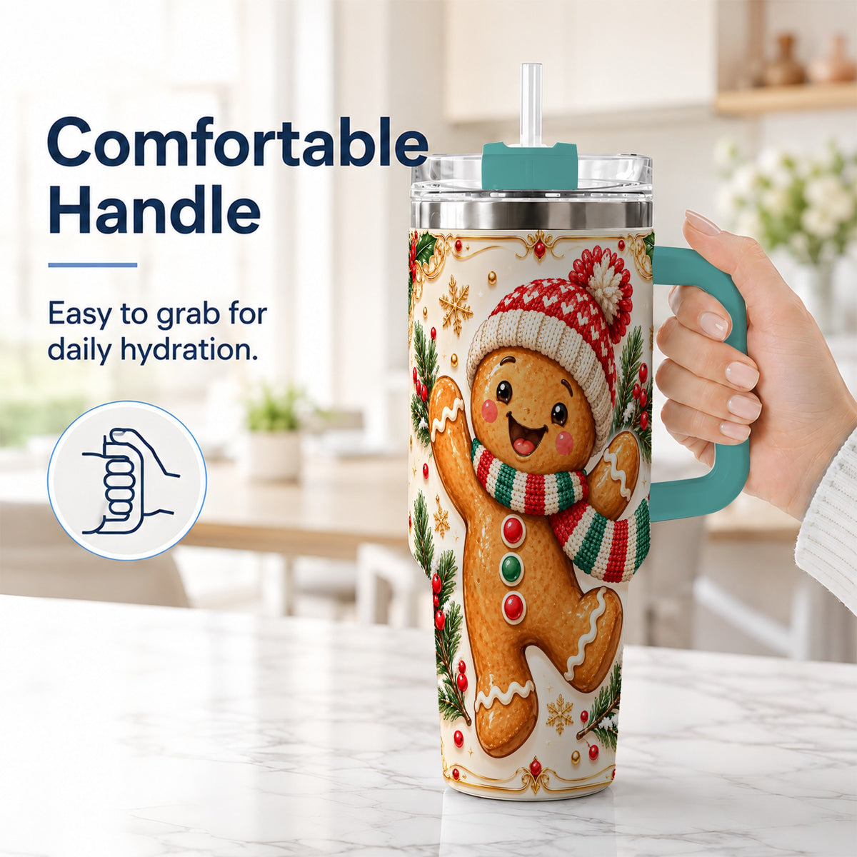 #pl[40oz|Green] Cheerful 40oz Tumbler, Gingerbread Tumbler, Stainless Steel Travel Cup