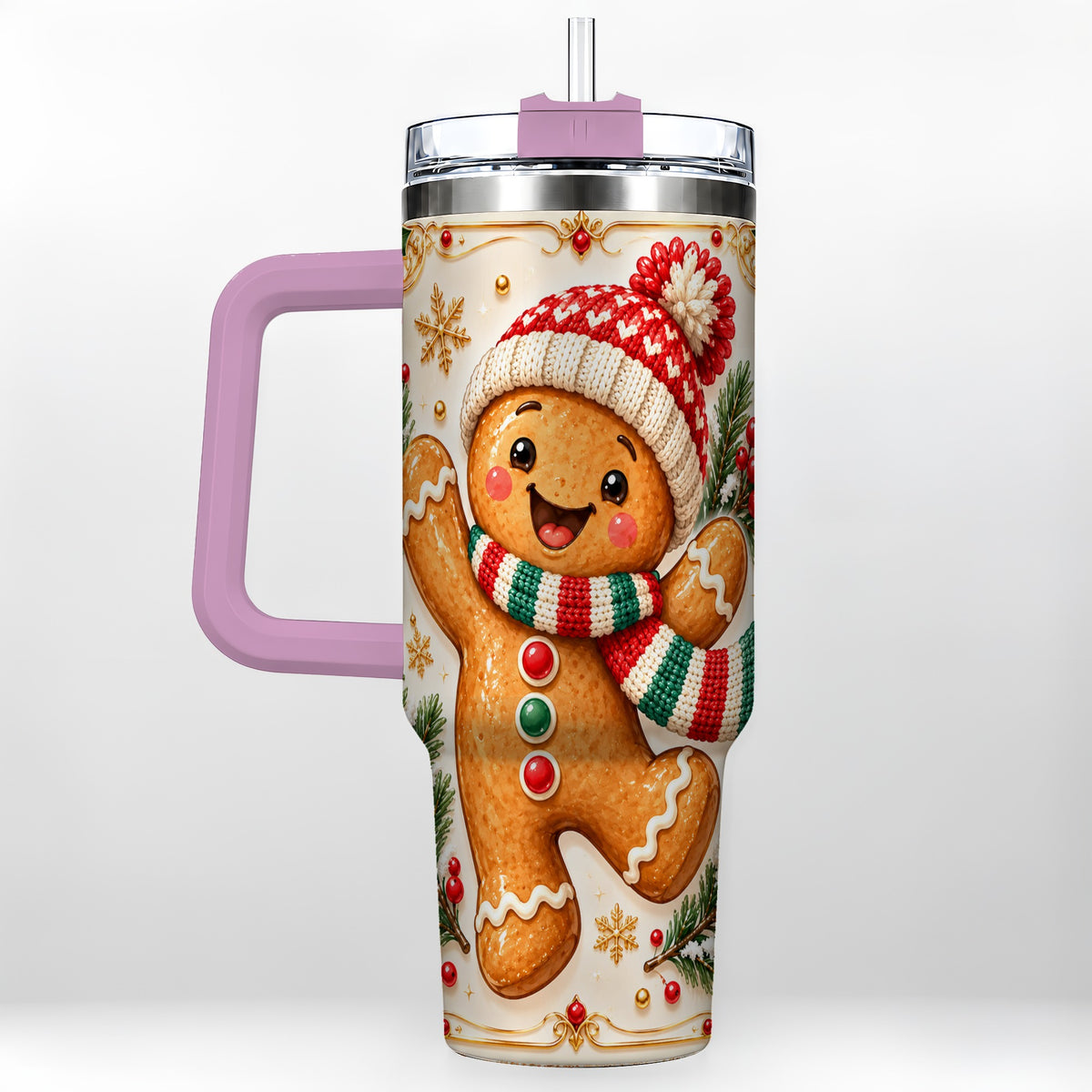 #pl[40oz|Pink] Cheerful 40oz Tumbler, Gingerbread Tumbler, Stainless Steel Travel Cup