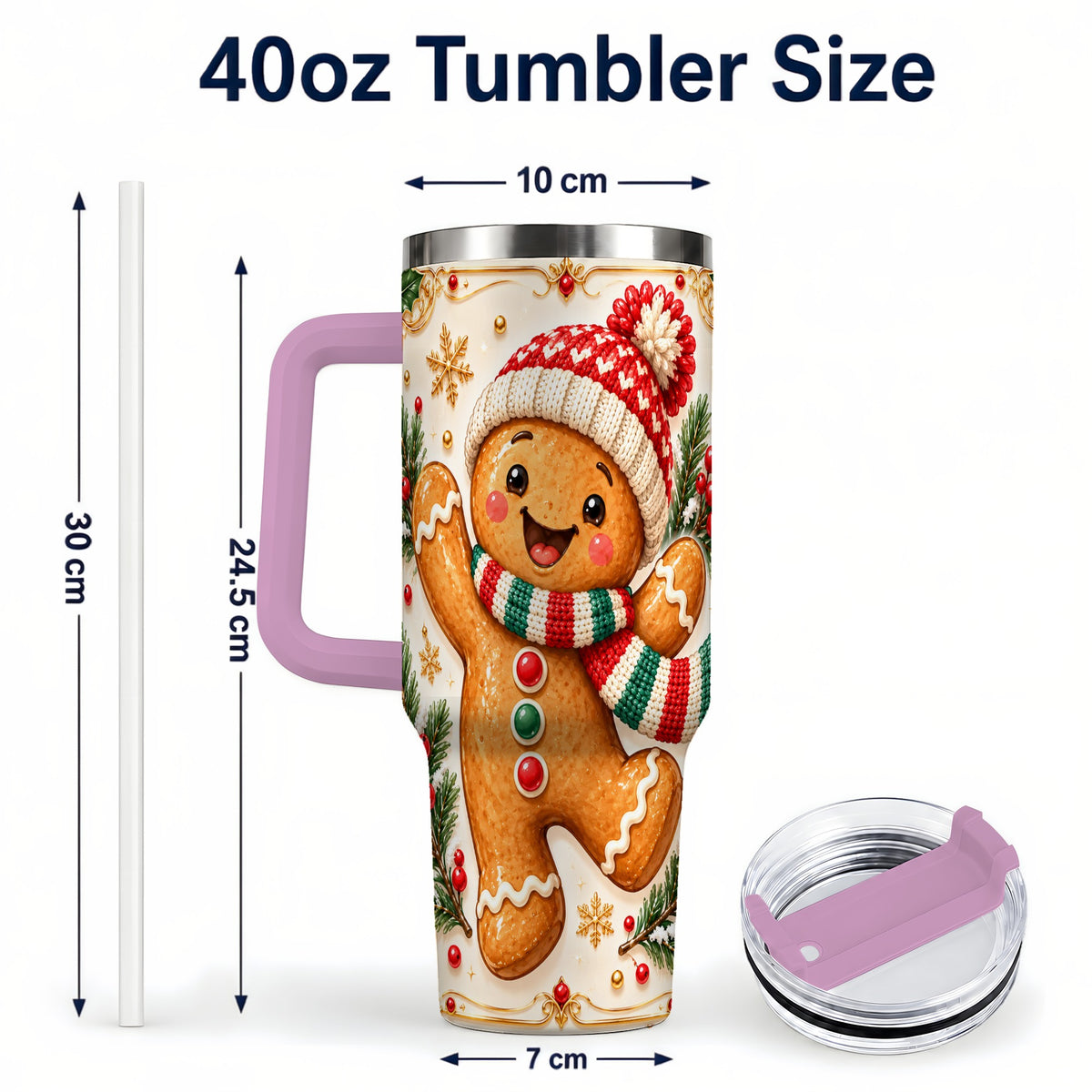 #pl[40oz|Pink] Cheerful 40oz Tumbler, Gingerbread Tumbler, Stainless Steel Travel Cup