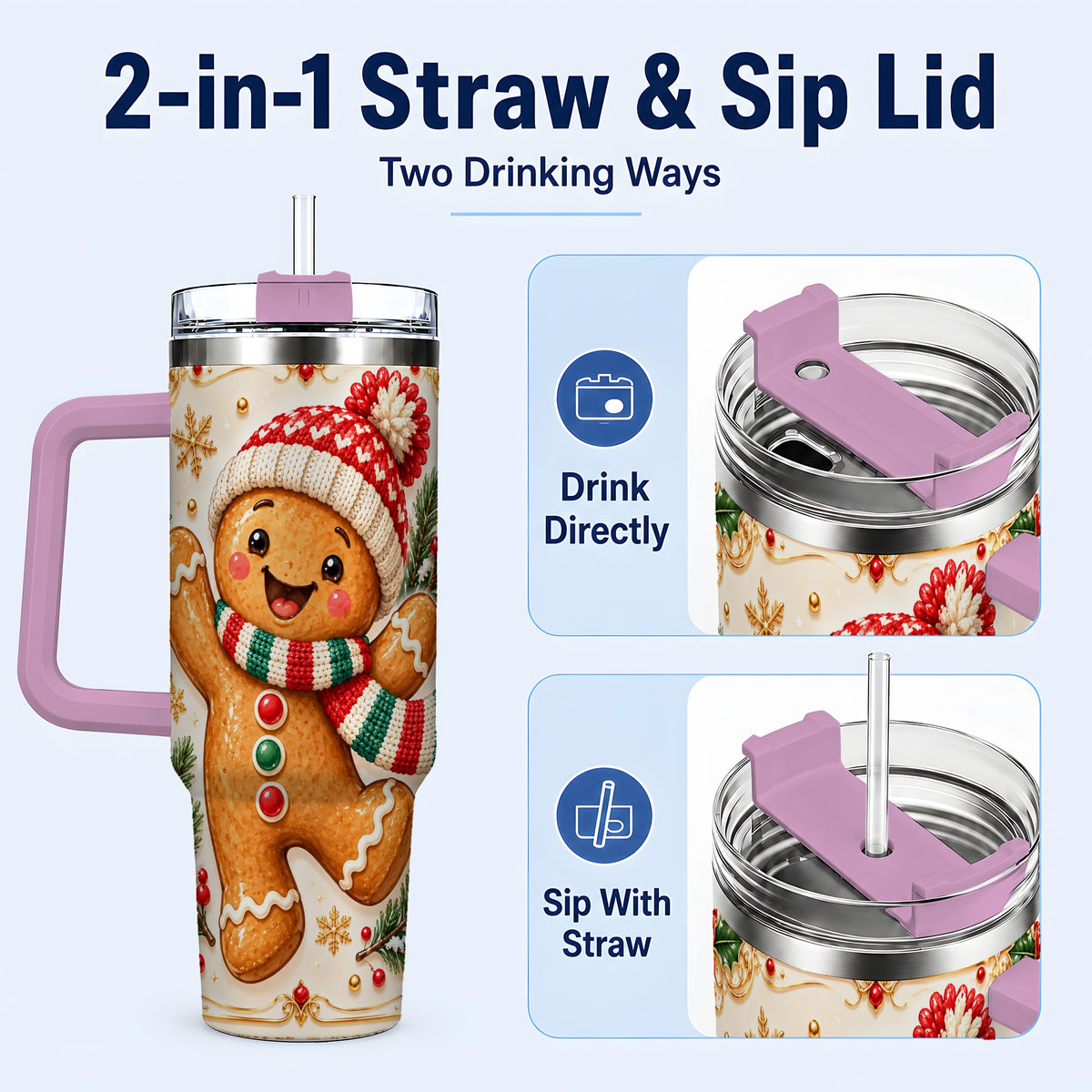 #pl[40oz|Pink] Cheerful 40oz Tumbler, Gingerbread Tumbler, Stainless Steel Travel Cup