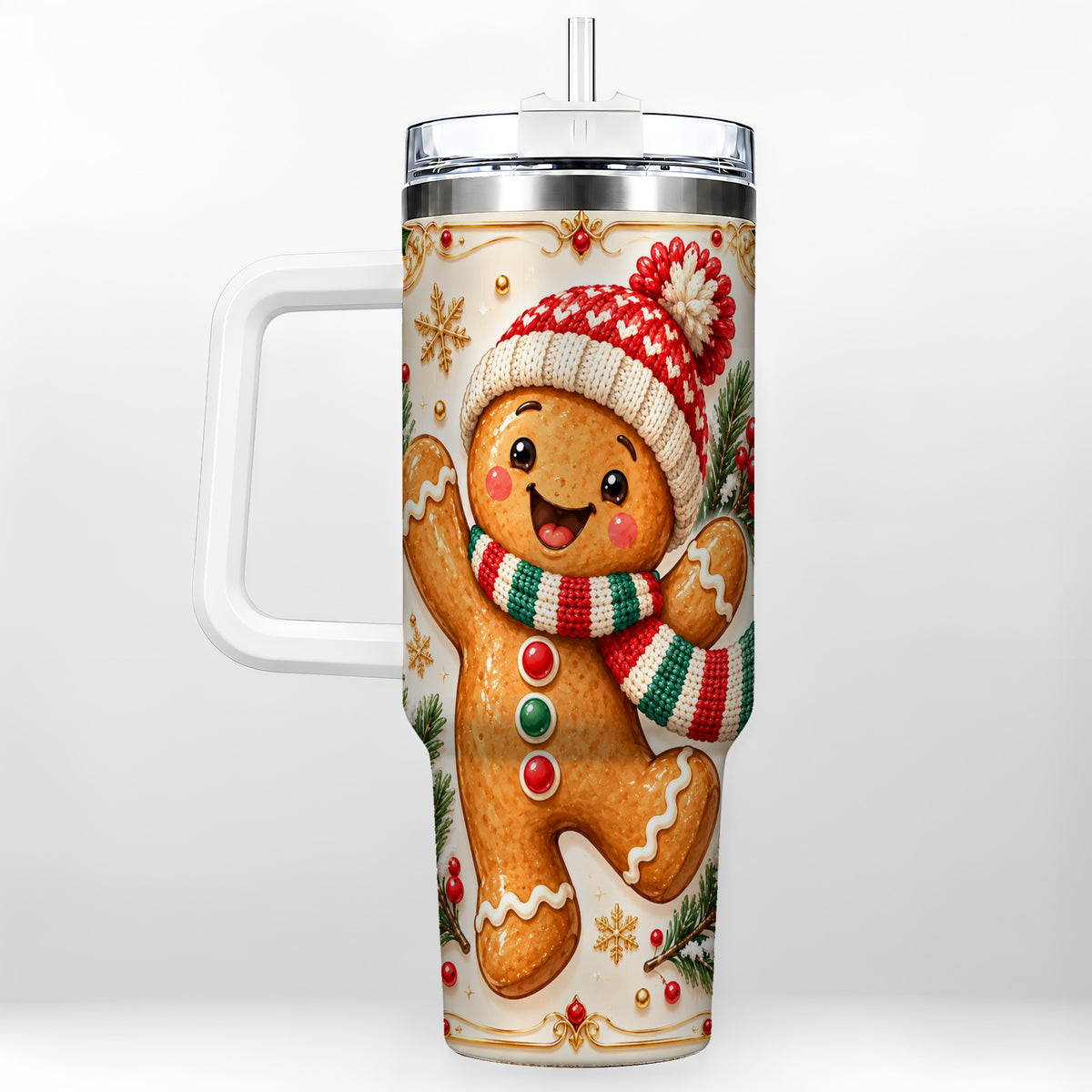 Cheerful 40oz Tumbler, Gingerbread Tumbler, Stainless Steel Travel Cup