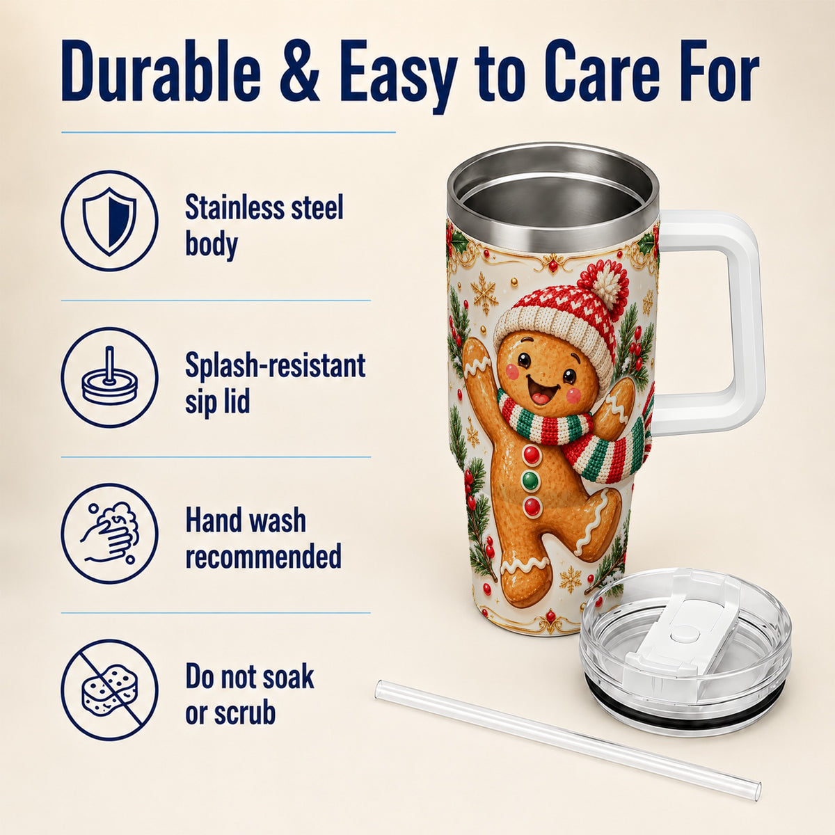 Cheerful 40oz Tumbler, Gingerbread Tumbler, Stainless Steel Travel Cup