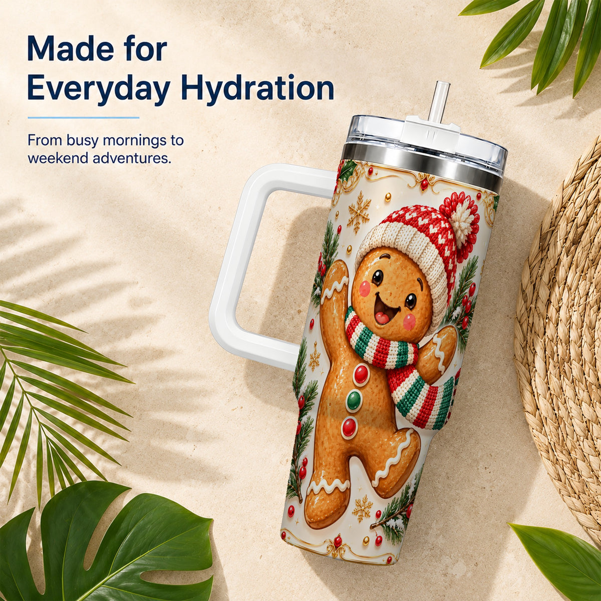 Cheerful 40oz Tumbler, Gingerbread Tumbler, Stainless Steel Travel Cup