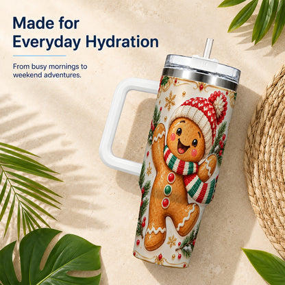 Cheerful 40oz Tumbler, Gingerbread Tumbler, Stainless Steel Travel Cup