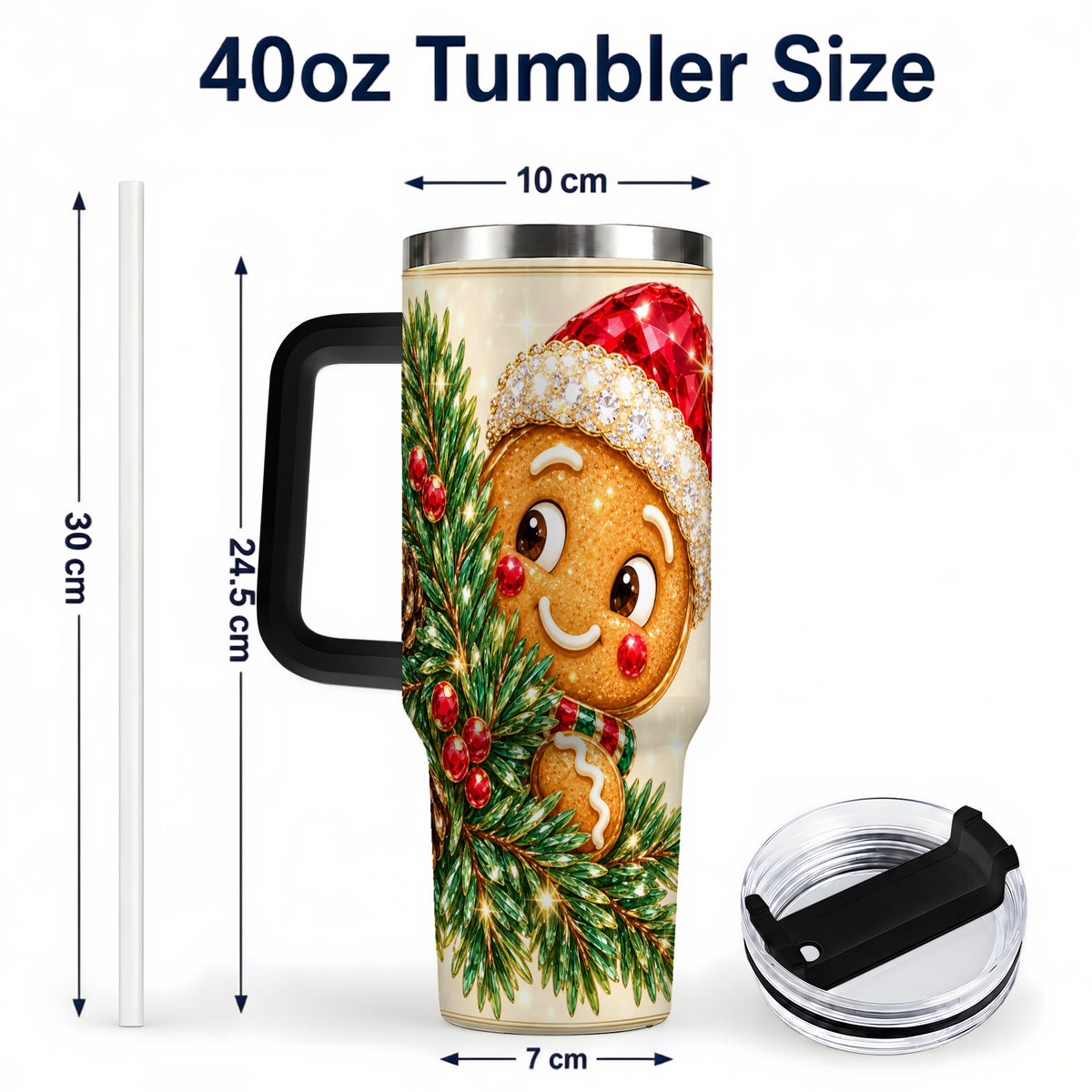 #pl[40oz|Black] Gingerbread Santa Tumbler 40oz, Holiday Tumbler, Stainless Steel Travel Cup
