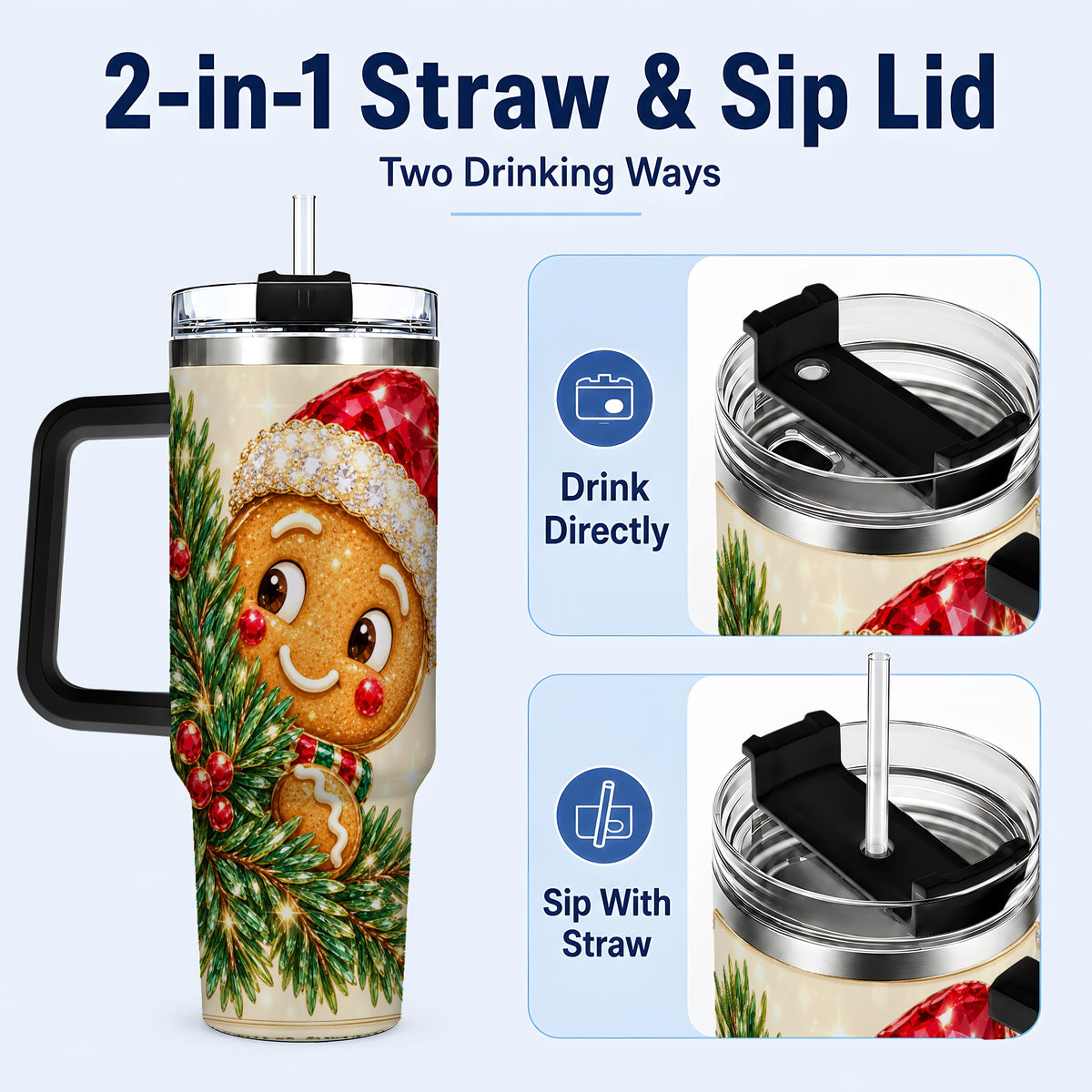 #pl[40oz|Black] Gingerbread Santa Tumbler 40oz, Holiday Tumbler, Stainless Steel Travel Cup