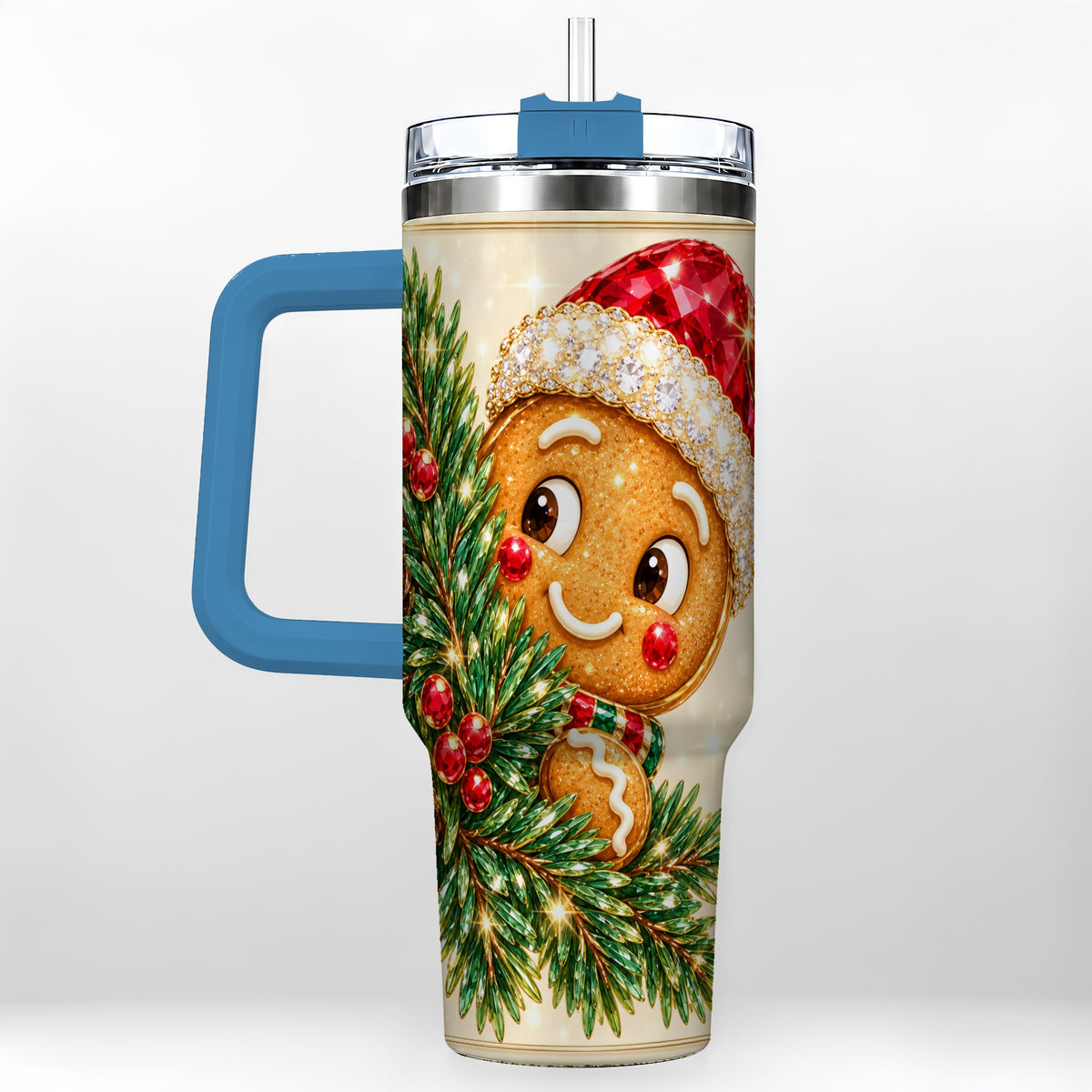 #pl[40oz|Blue] Gingerbread Santa Tumbler 40oz, Holiday Tumbler, Stainless Steel Travel Cup