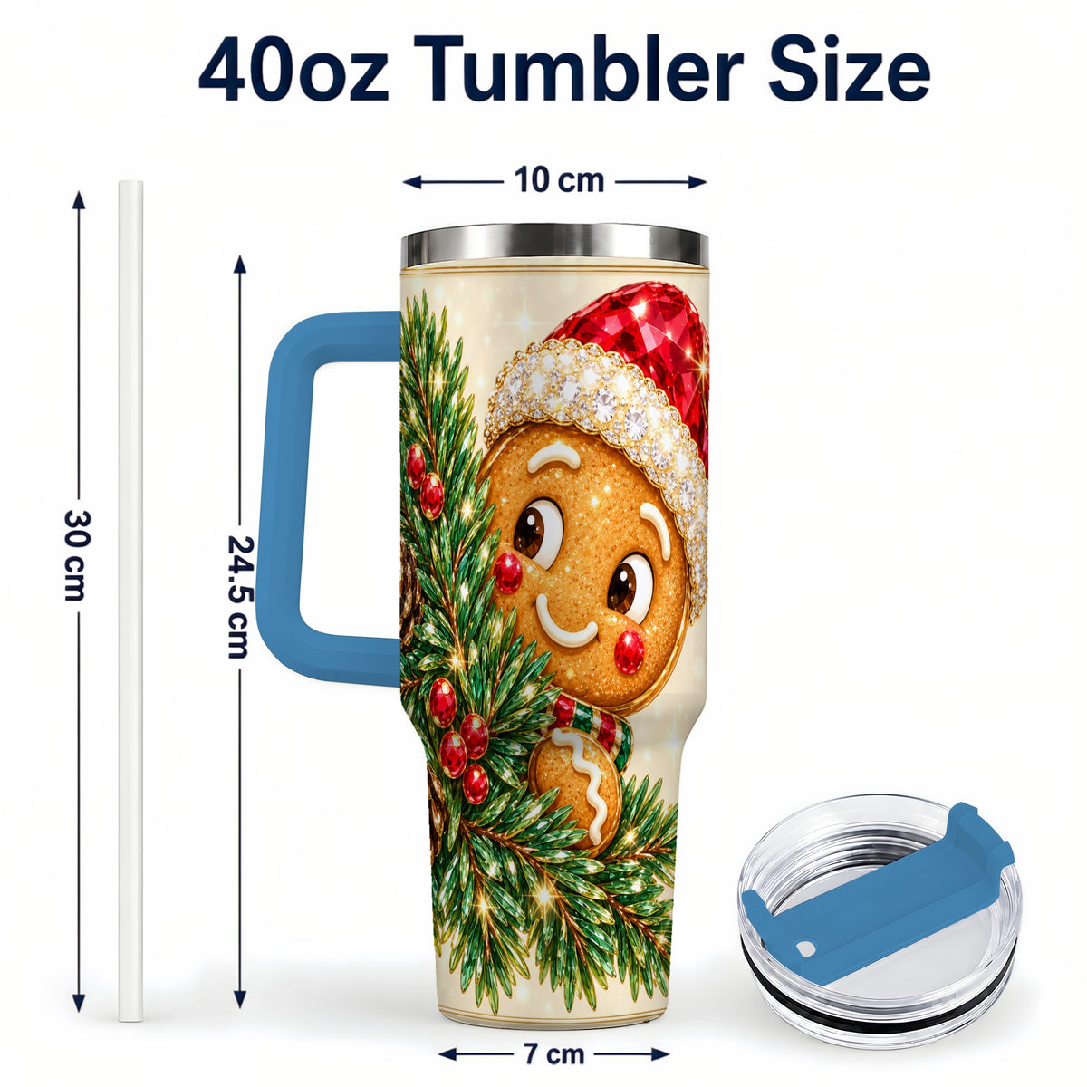 #pl[40oz|Blue] Gingerbread Santa Tumbler 40oz, Holiday Tumbler, Stainless Steel Travel Cup