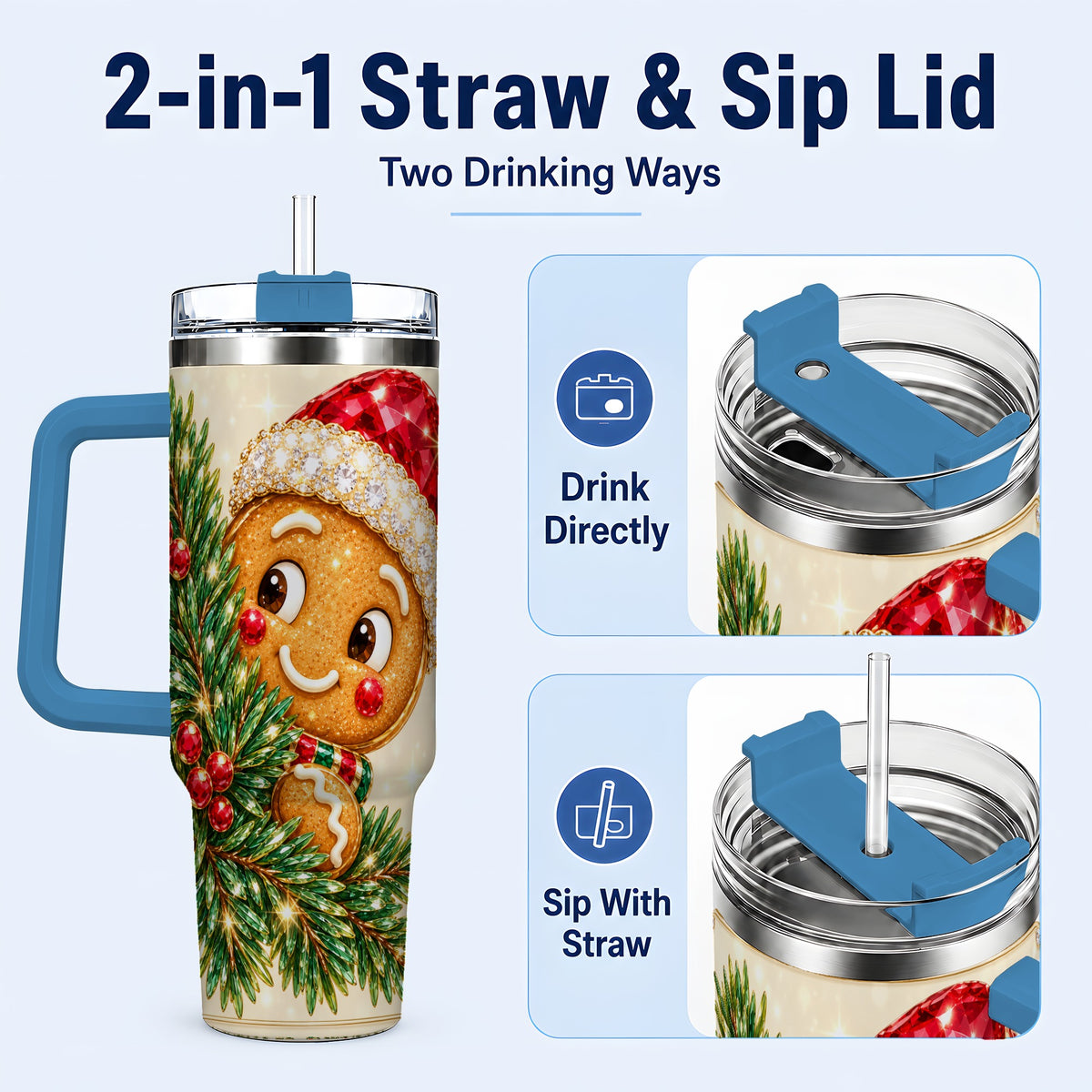 #pl[40oz|Blue] Gingerbread Santa Tumbler 40oz, Holiday Tumbler, Stainless Steel Travel Cup