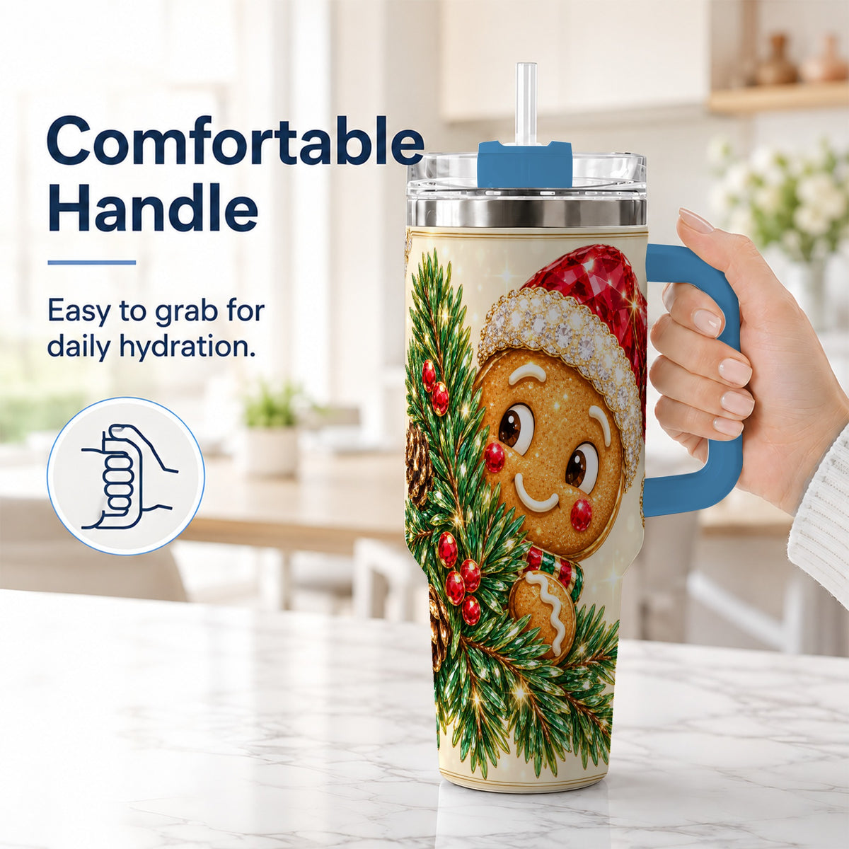 #pl[40oz|Blue] Gingerbread Santa Tumbler 40oz, Holiday Tumbler, Stainless Steel Travel Cup