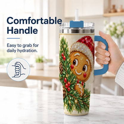 #pl[40oz|Blue] Gingerbread Santa Tumbler 40oz, Holiday Tumbler, Stainless Steel Travel Cup