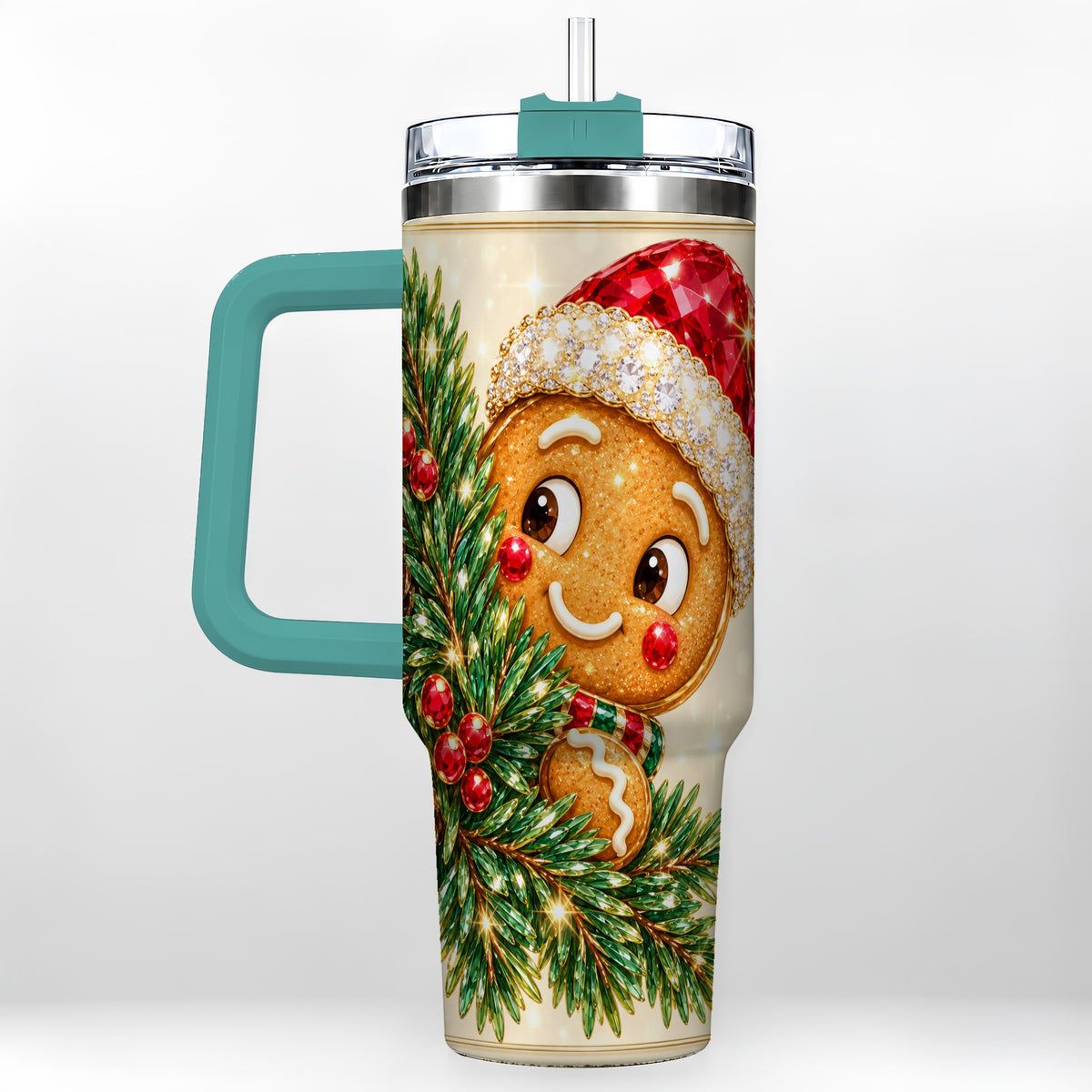 #pl[40oz|Green] Gingerbread Santa Tumbler 40oz, Holiday Tumbler, Stainless Steel Travel Cup