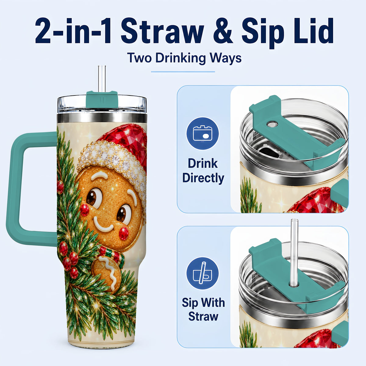 #pl[40oz|Green] Gingerbread Santa Tumbler 40oz, Holiday Tumbler, Stainless Steel Travel Cup