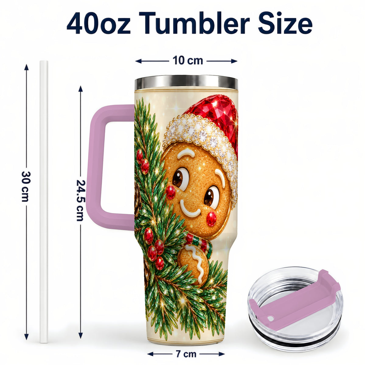 #pl[40oz|Pink] Gingerbread Santa Tumbler 40oz, Holiday Tumbler, Stainless Steel Travel Cup