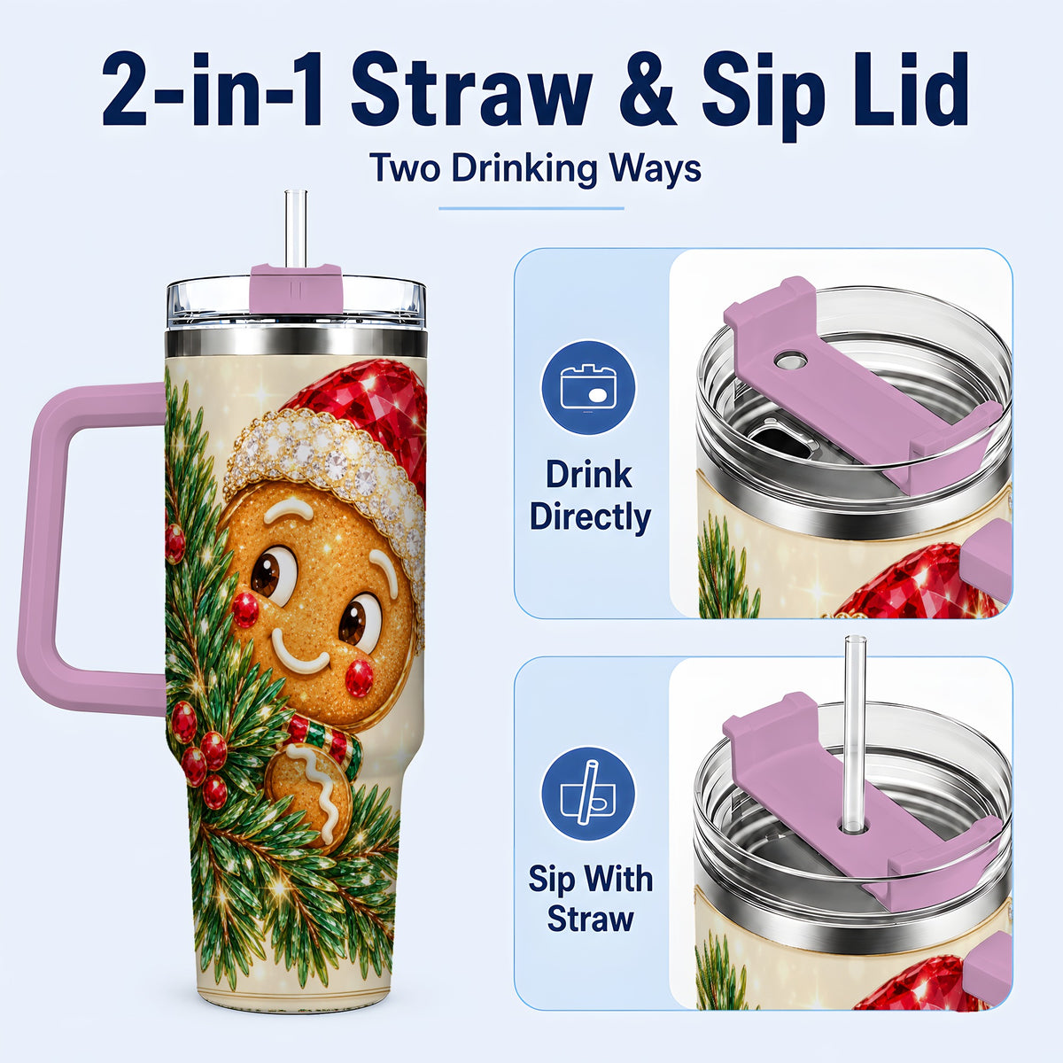 #pl[40oz|Pink] Gingerbread Santa Tumbler 40oz, Holiday Tumbler, Stainless Steel Travel Cup