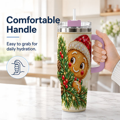 #pl[40oz|Pink] Gingerbread Santa Tumbler 40oz, Holiday Tumbler, Stainless Steel Travel Cup