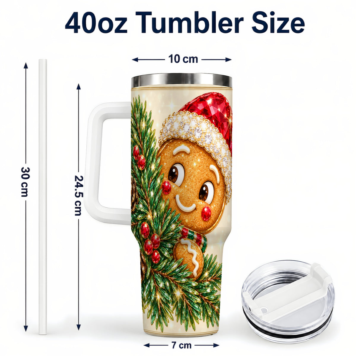 #pl[40oz|White] Gingerbread Santa Tumbler 40oz, Holiday Tumbler, Stainless Steel Travel Cup