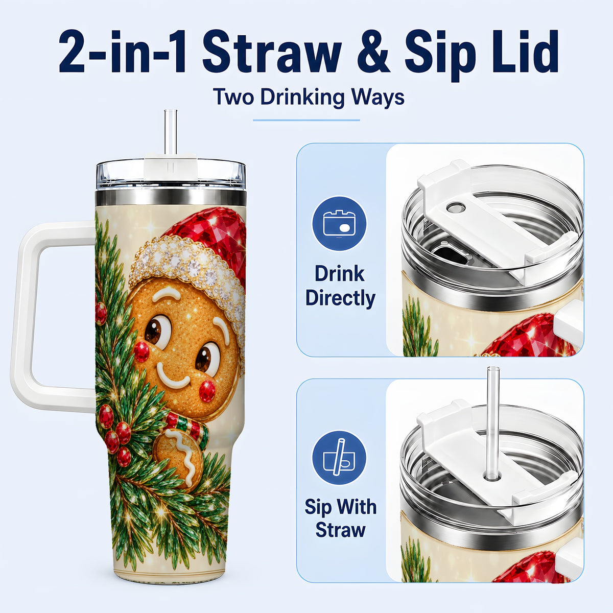 #pl[40oz|White] Gingerbread Santa Tumbler 40oz, Holiday Tumbler, Stainless Steel Travel Cup