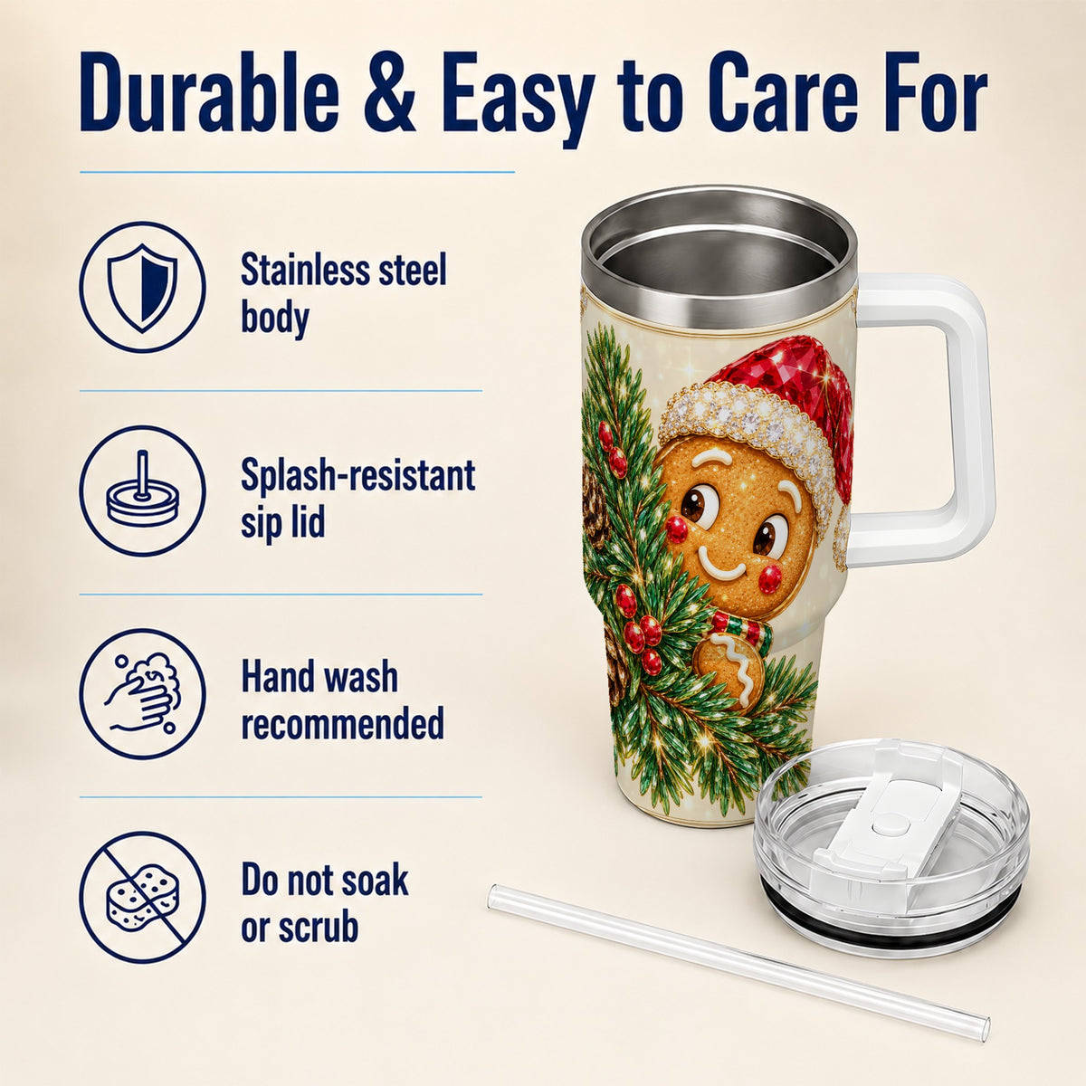 Gingerbread Santa Tumbler 40oz, Holiday Tumbler, Stainless Steel Travel Cup