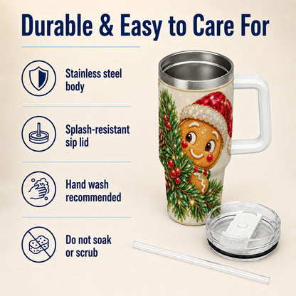 Gingerbread Santa Tumbler 40oz, Holiday Tumbler, Stainless Steel Travel Cup