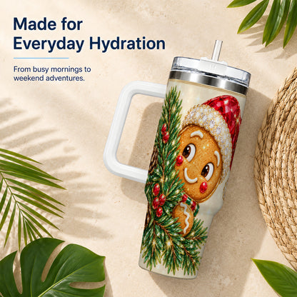 Gingerbread Santa Tumbler 40oz, Holiday Tumbler, Stainless Steel Travel Cup