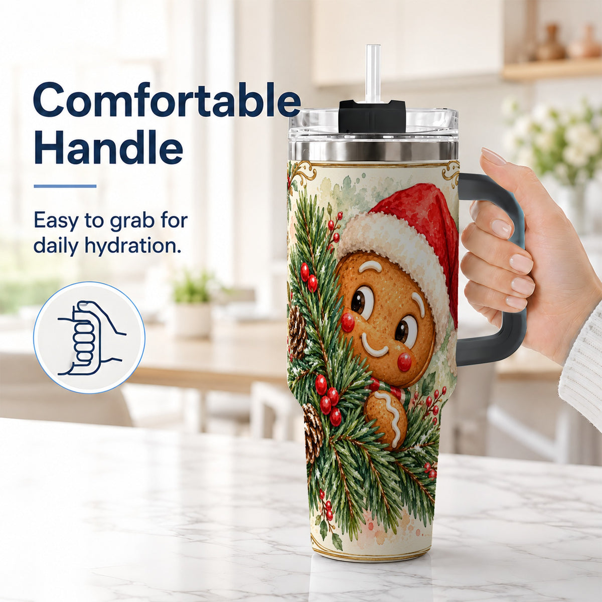 #pl[40oz|Black] Gingerbread Tumbler 40oz, Holiday Tumbler, Stainless Steel Travel Cup