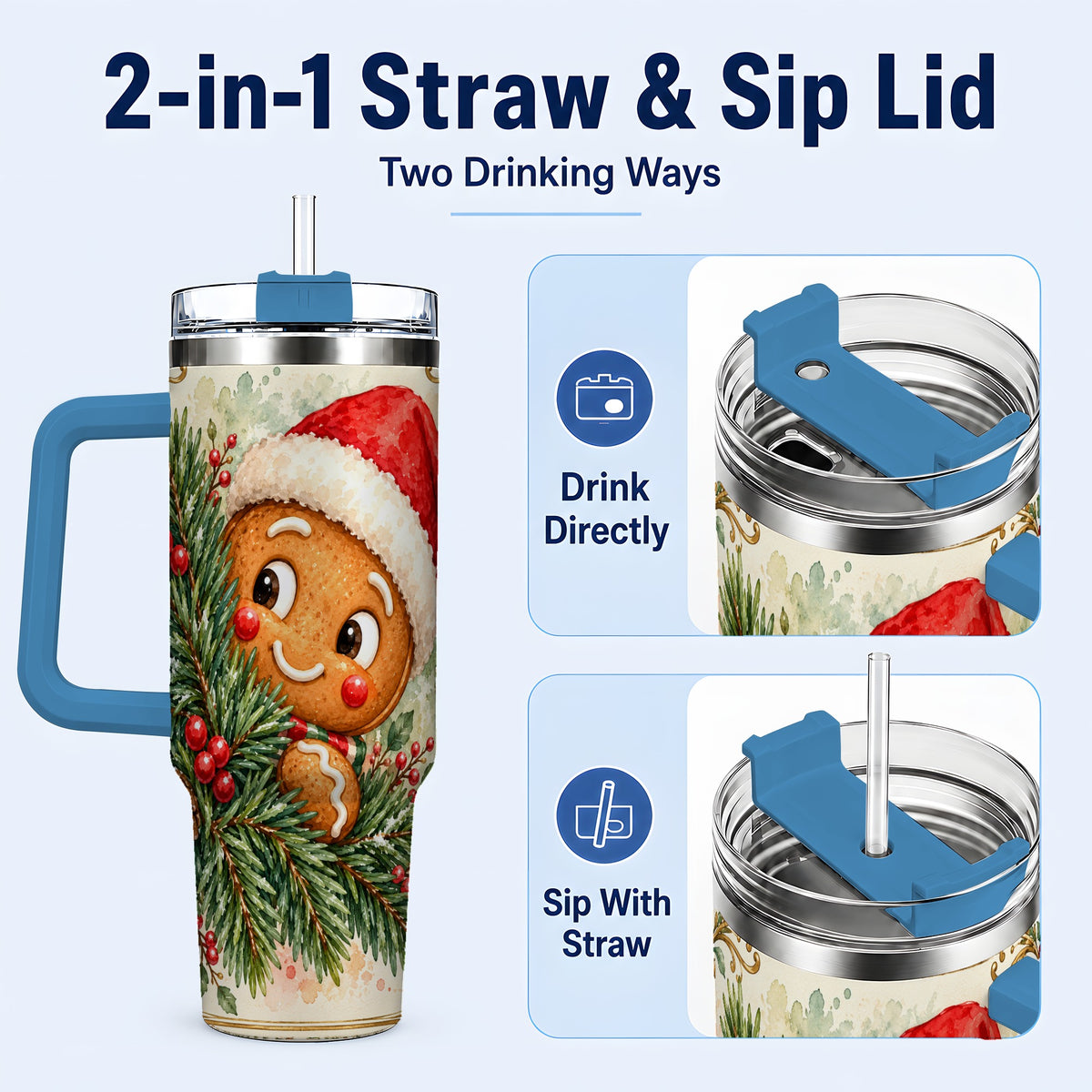 #pl[40oz|Blue] Gingerbread Tumbler 40oz, Holiday Tumbler, Stainless Steel Travel Cup