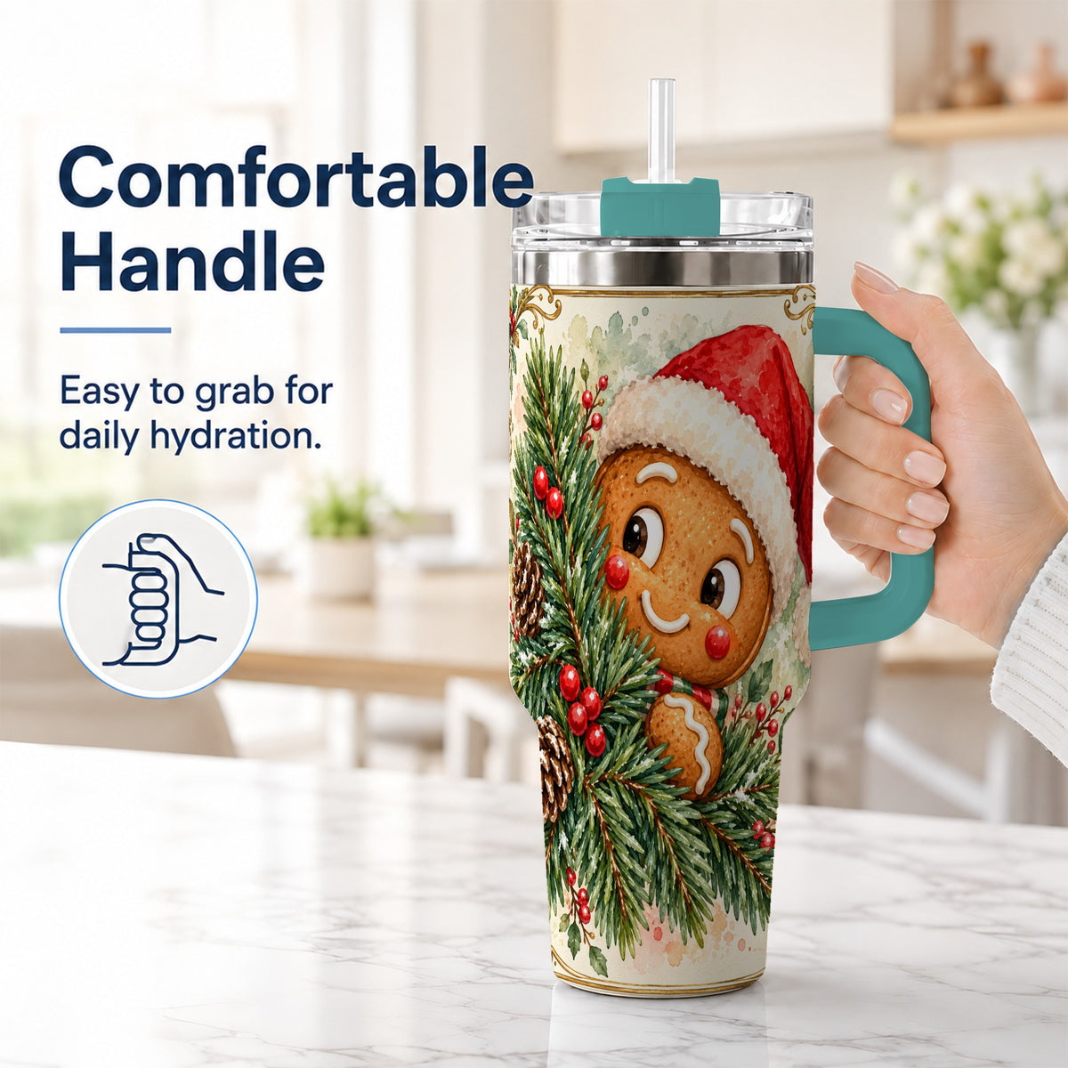 #pl[40oz|Green] Gingerbread Tumbler 40oz, Holiday Tumbler, Stainless Steel Travel Cup