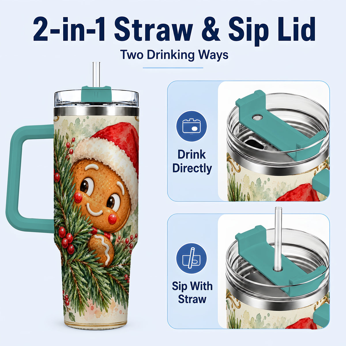 #pl[40oz|Green] Gingerbread Tumbler 40oz, Holiday Tumbler, Stainless Steel Travel Cup
