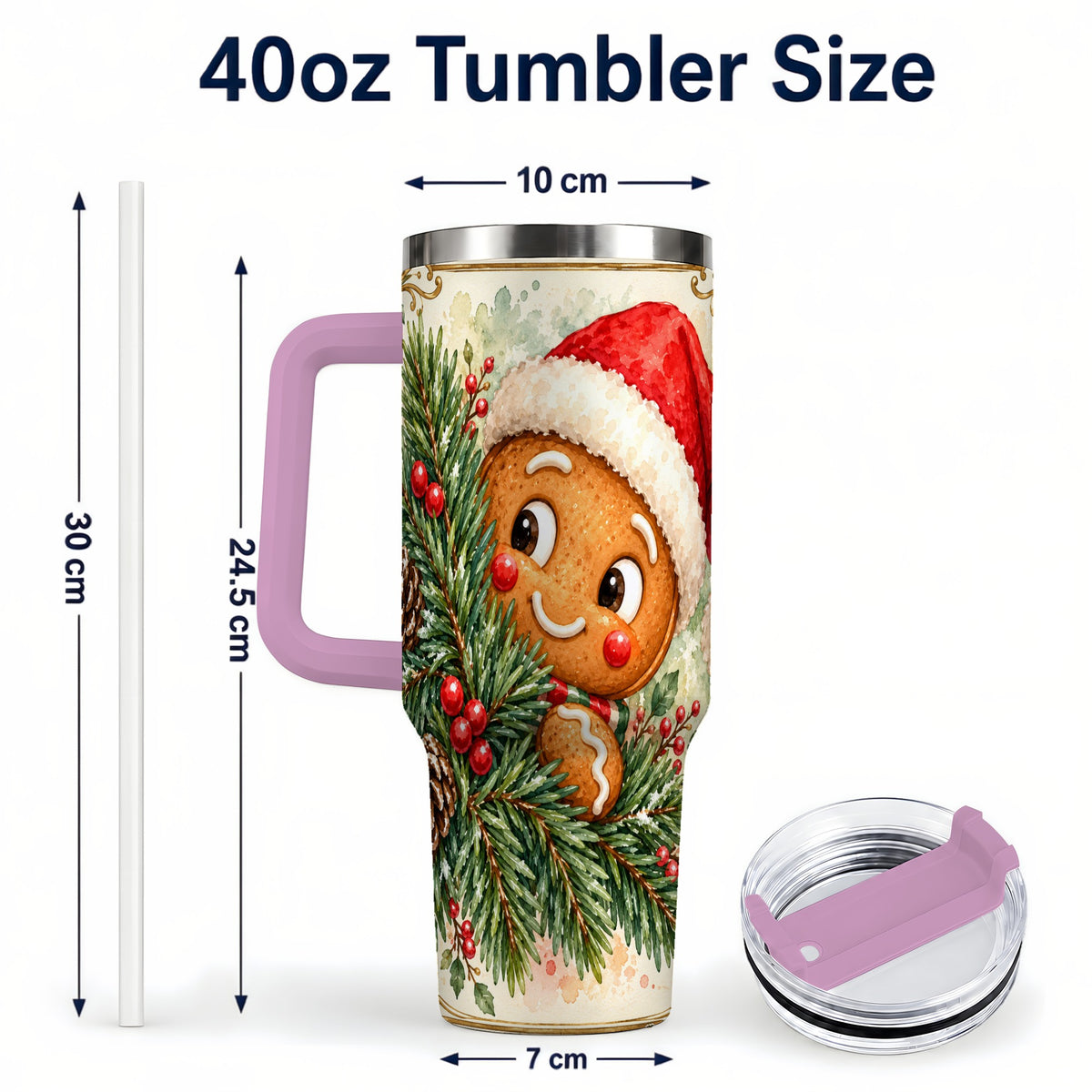 #pl[40oz|Pink] Gingerbread Tumbler 40oz, Holiday Tumbler, Stainless Steel Travel Cup