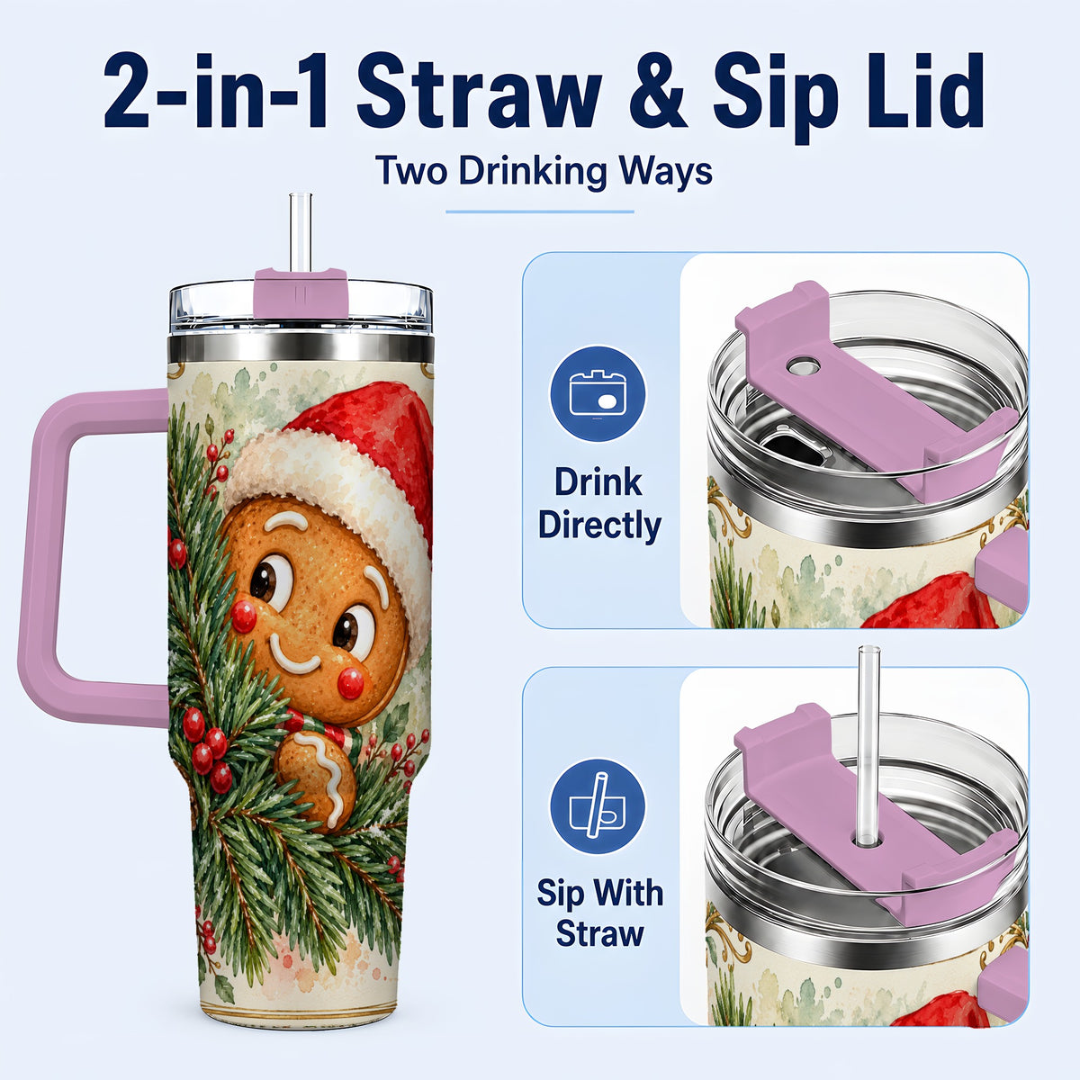 #pl[40oz|Pink] Gingerbread Tumbler 40oz, Holiday Tumbler, Stainless Steel Travel Cup