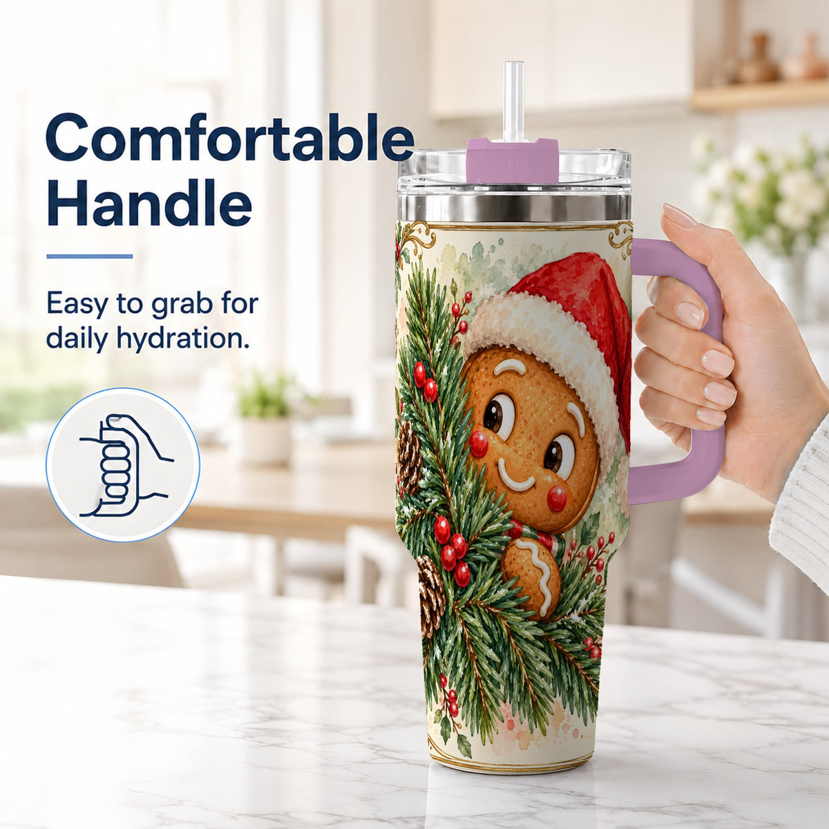 #pl[40oz|Pink] Gingerbread Tumbler 40oz, Holiday Tumbler, Stainless Steel Travel Cup
