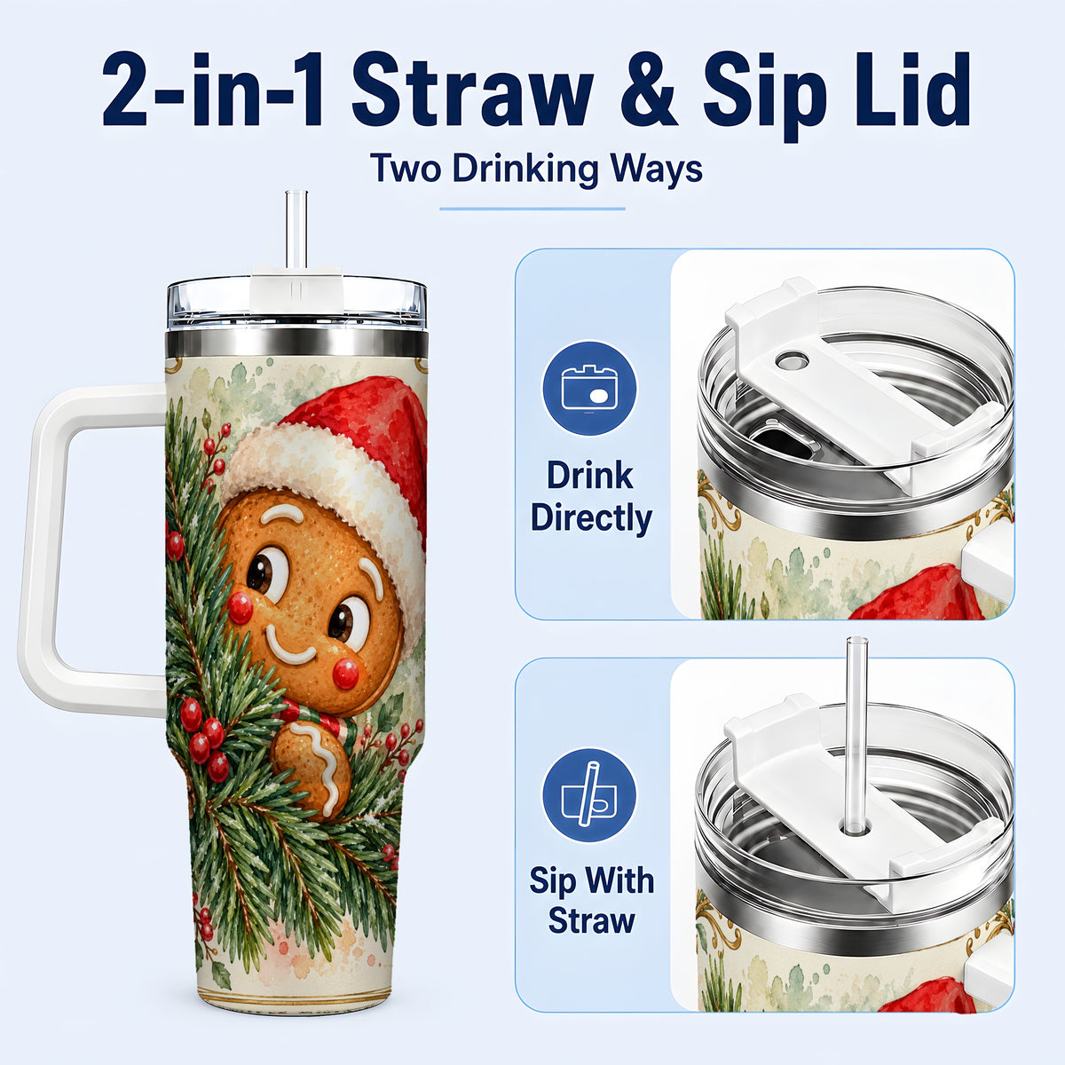 #pl[40oz|White] Gingerbread Tumbler 40oz, Holiday Tumbler, Stainless Steel Travel Cup