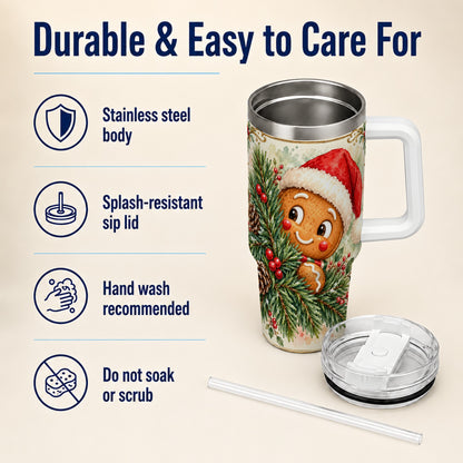 Gingerbread Tumbler 40oz, Holiday Tumbler, Stainless Steel Travel Cup