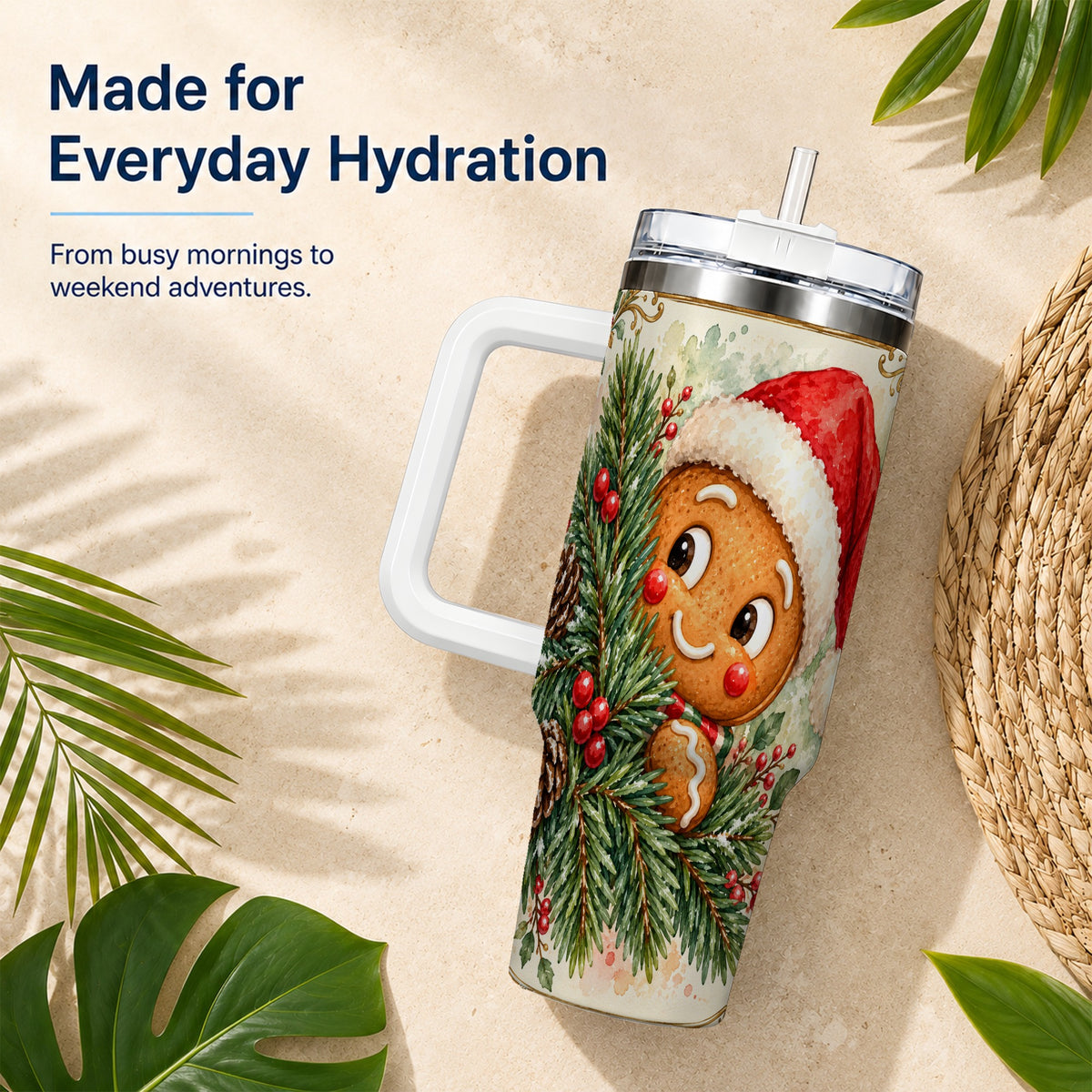 Gingerbread Tumbler 40oz, Holiday Tumbler, Stainless Steel Travel Cup