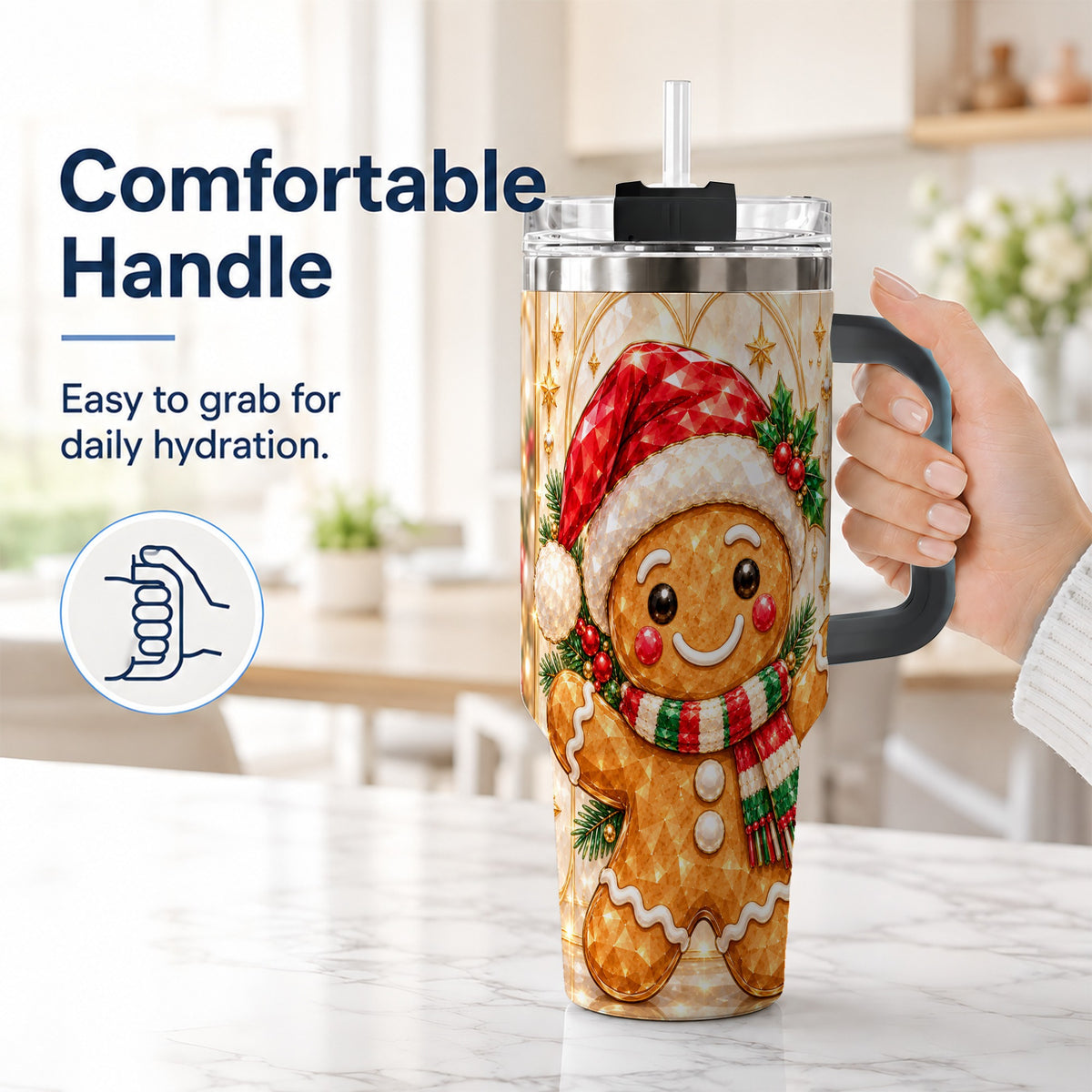 #pl[40oz|Black] Gem Gingerbread Tumbler 40oz, Holiday Tumbler, Stainless Steel Travel Cup